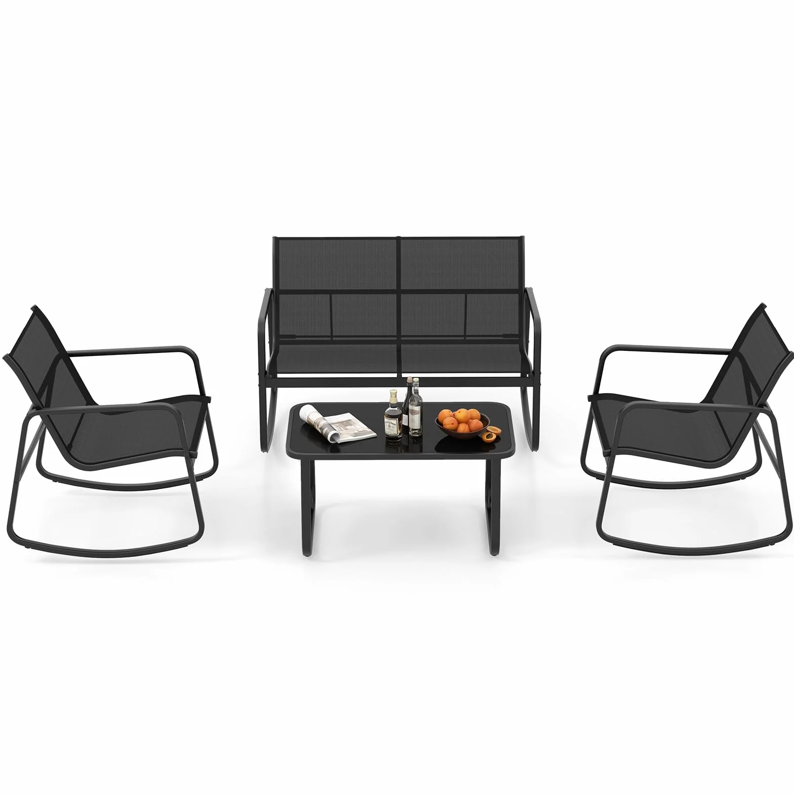 COSTWAY Set da Giardino 4 Pezzi in Tessuto Textilene, Set da Bistrò da Patio, Set tavolo e sedie con Tavolino in Vetro, 2 Sedie e Divanetto a Dondolo, per Giardino Coltile (Nero)