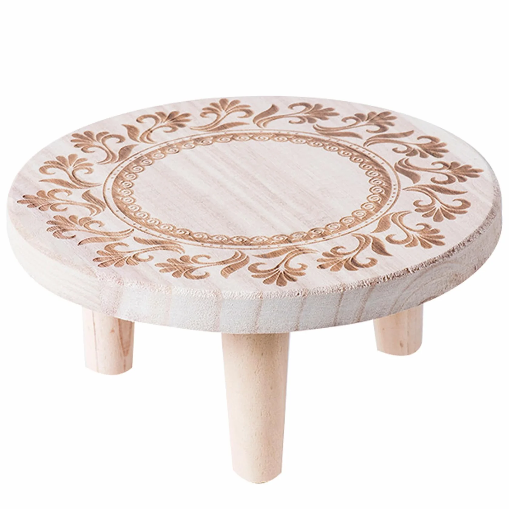 Sgabello per piante, rialzo rotondo in legno da 9, 8x4, 7 pollici - Supporto decorativo con motivo floreale per ufficio, casa, giardino(M)