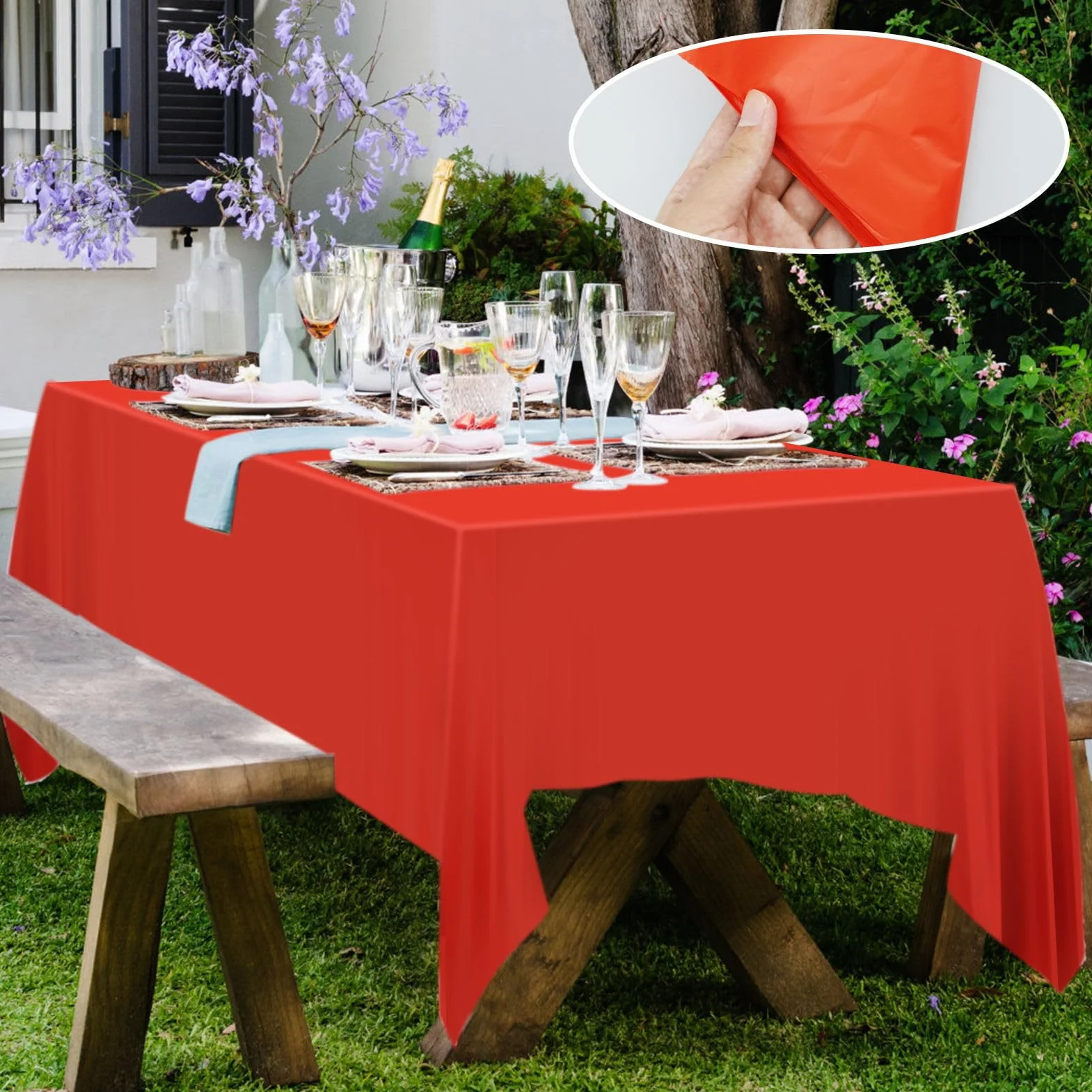 Tovaglia rettangolare rossa lavabile 137 x 274 cm, 2 pezzi per interni ed esterni