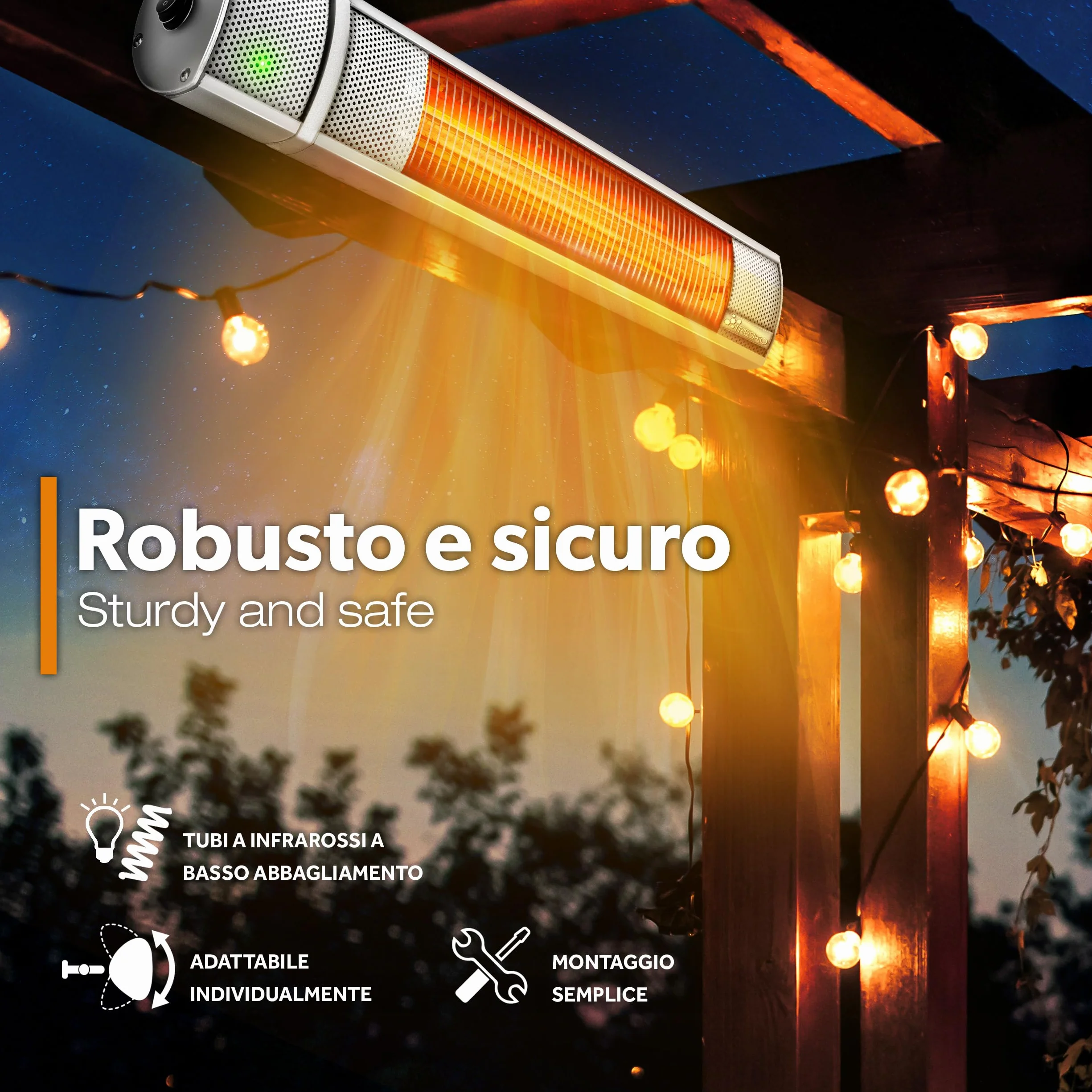 TRESKO Stufa a Infrarossi 2000W Telecomando 3 Livelli Calore Riscaldatore Patio Interno Esterno Parete Quarzo Argento