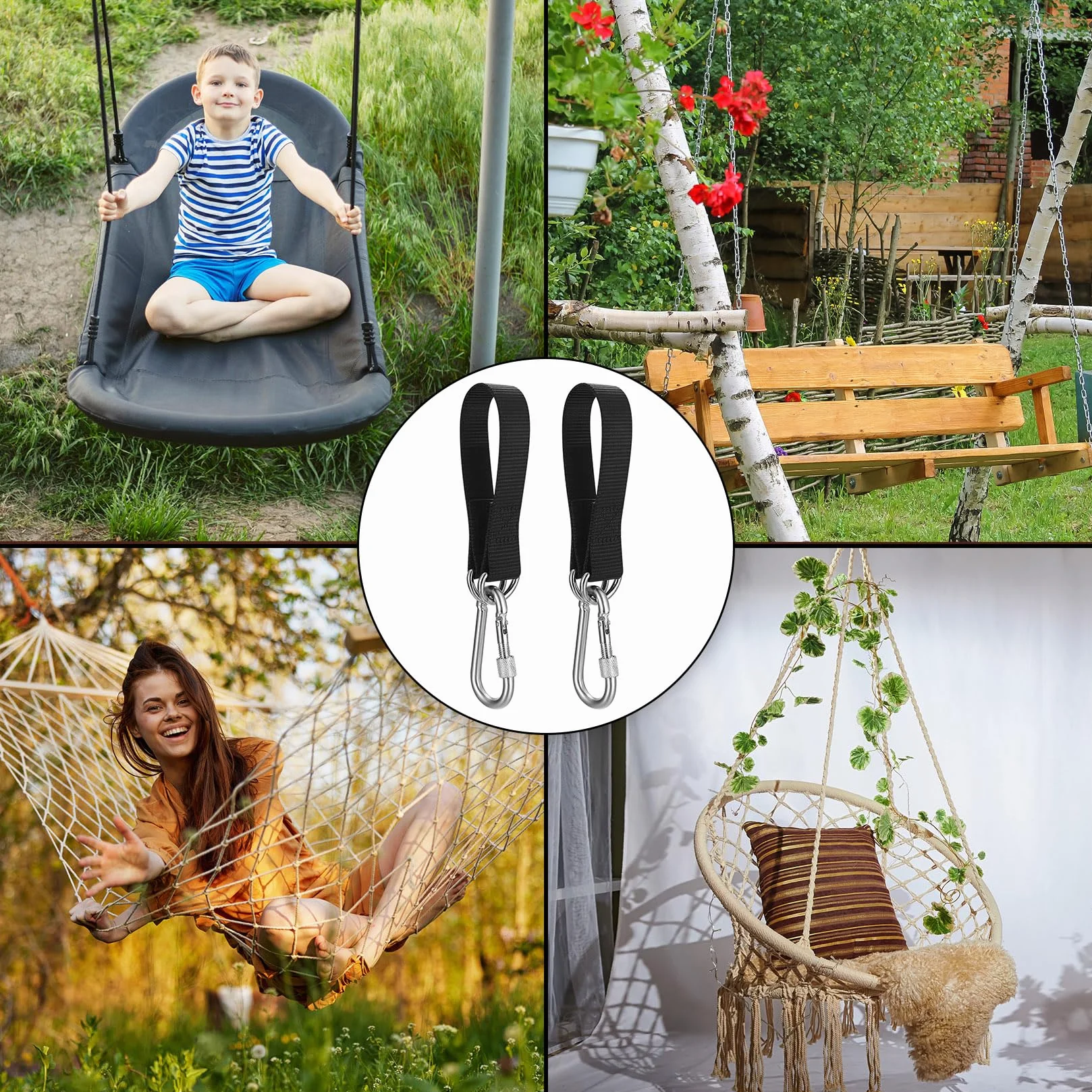 Kit di Fissaggio Amaca 2 Pezzi, Cinghie per Amaca e Sedia Sospesa, Ganci per Albero, Moschettoni e Anelli a D