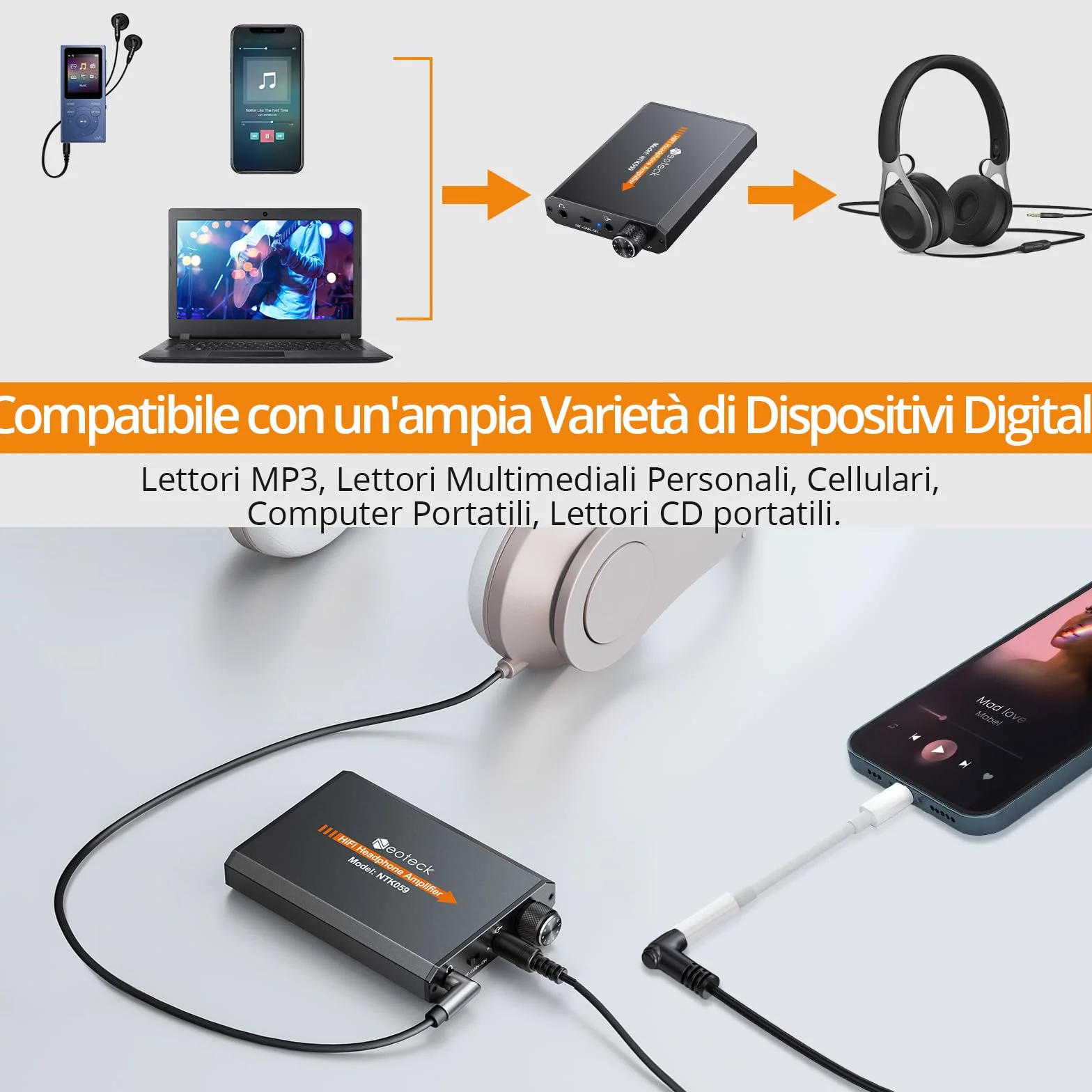 Neoteck Amplificatore Cuffie Portatile 3.5mm 16-300Ω HiFi Alluminio