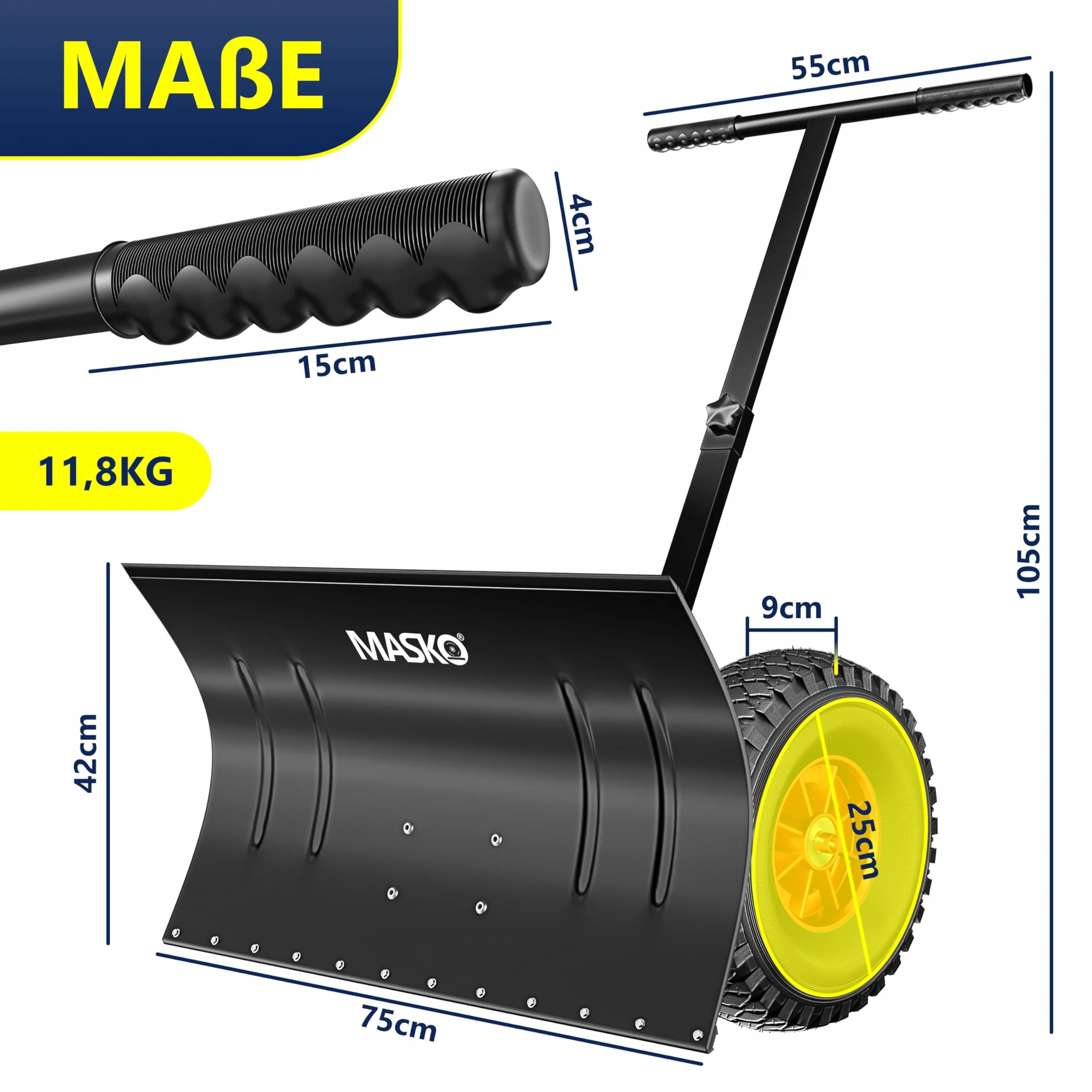 MASKO® Pala da neve su ruote regolabile in altezza – 5 posizioni regolabili in altezza, che non danneggia la schiena, 75 cm, larghezza di lavoro 42 cm