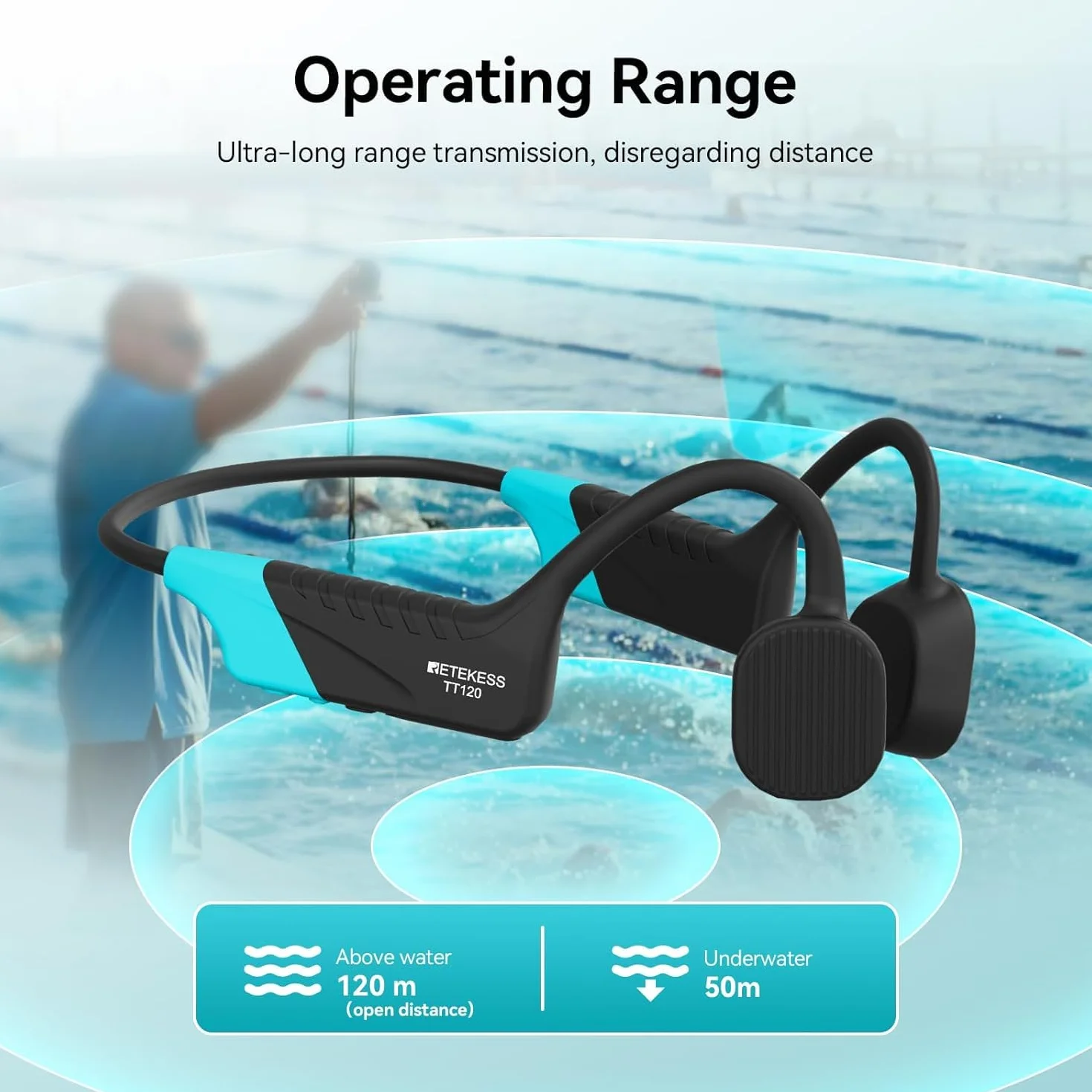 Retekess TT120 Ricevitore Cuffie Nuoto a Conduzione Ossea Impermeabile IP68 120M Comunicazione Subacqueo