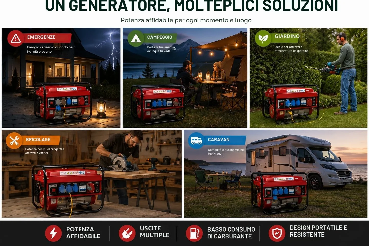 SVE Generatore elettrico a benzina 15 l, 5500 W, 230/380 V, 4 prese (2500 W, trifase, 3000 W, monofase), motore a 4 tempi
