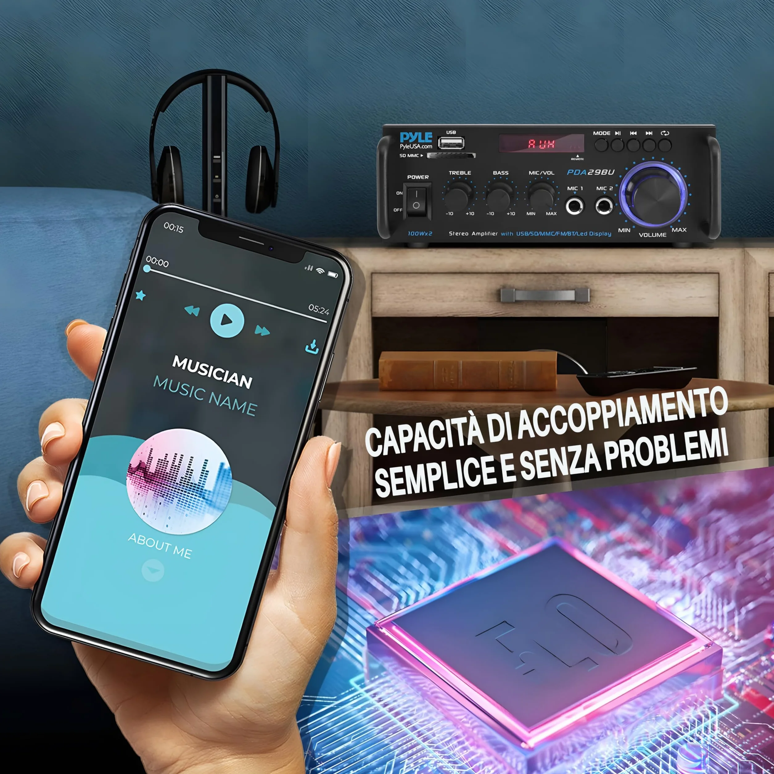 Pyle Preamplificatore Phono, Amplificatore Audio Stereo Wireless Bluetooth 200 Watt, Doppio Canale, RCA, USB, SD, Microfono, Radio FM