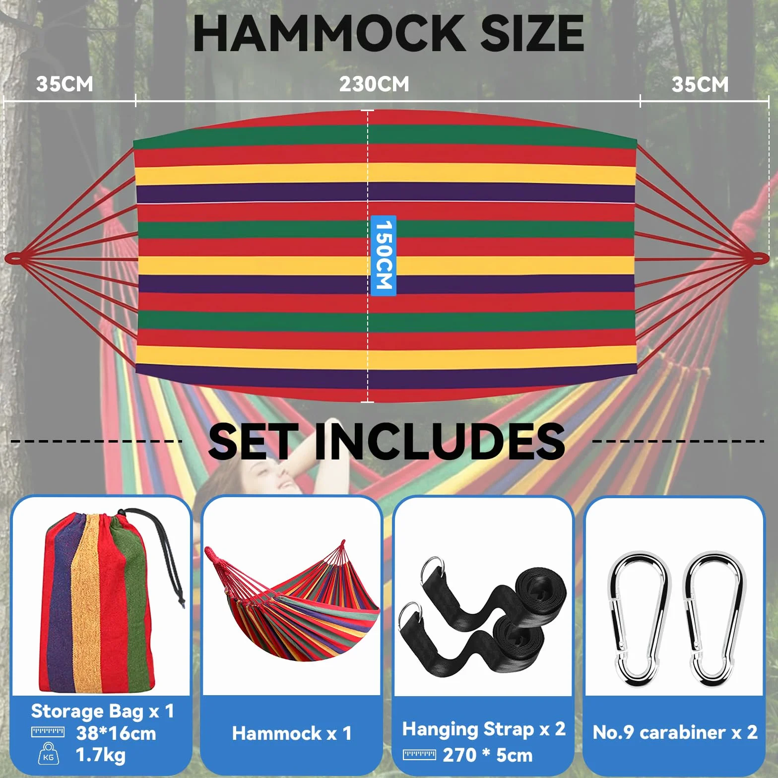 Amaca da Campeggio in Tela 300x150 cm, Capacità di Carico 270 kg, Portatile con Borsa