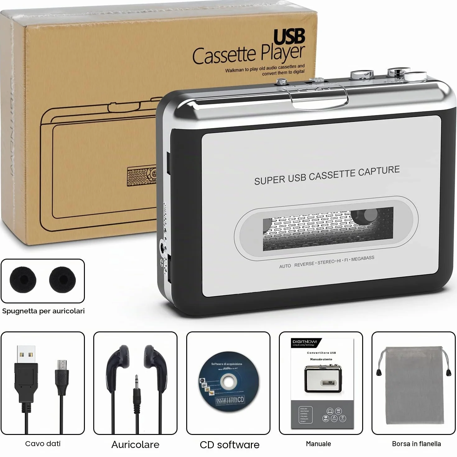 DigitNow Przenośny Odtwarzacz Kaset Magnetofonowych Konwerter Kasety na MP3 USB