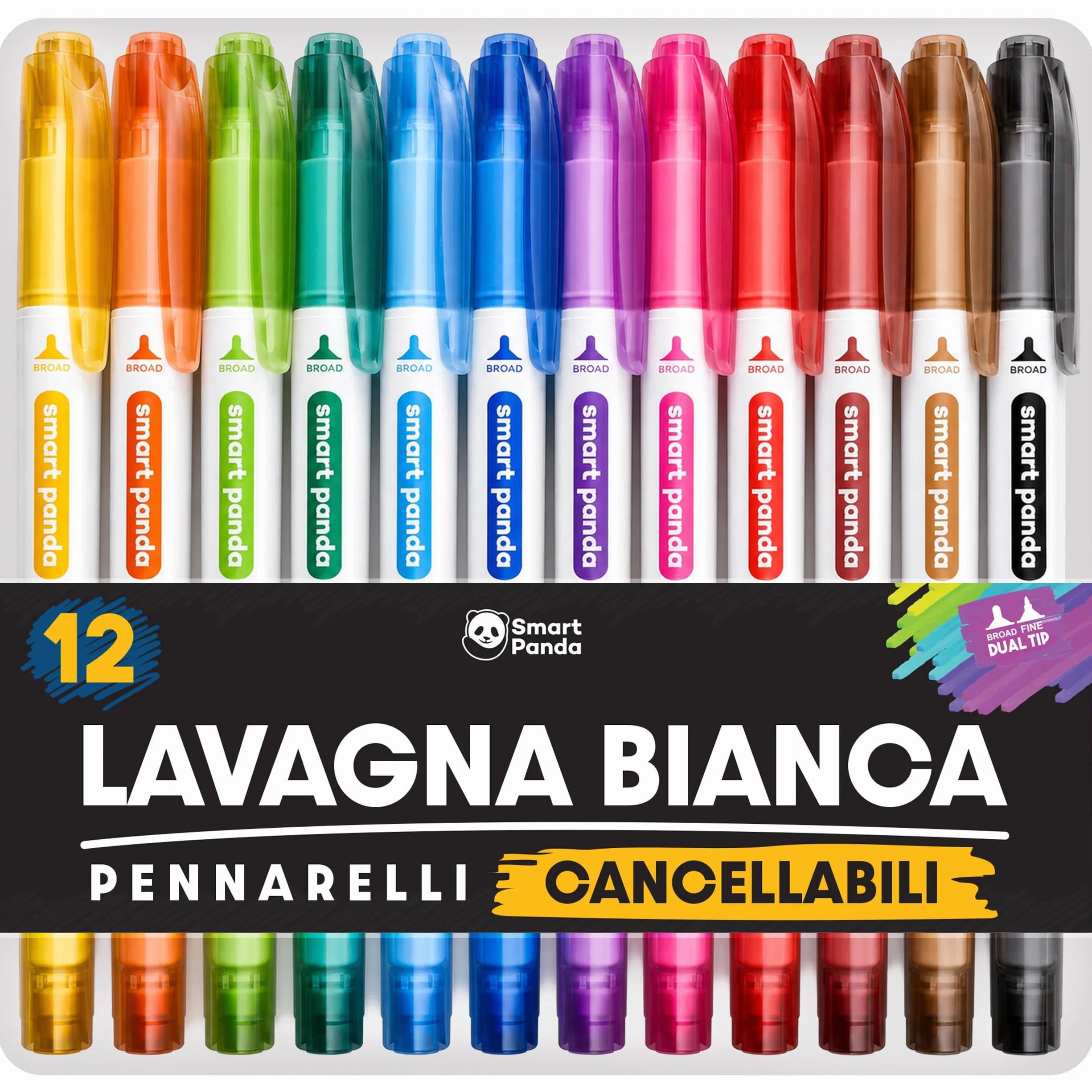 Smart Panda Pennarelli Lavagna Bianca Doppia Punta Cancellabili 12 Colori