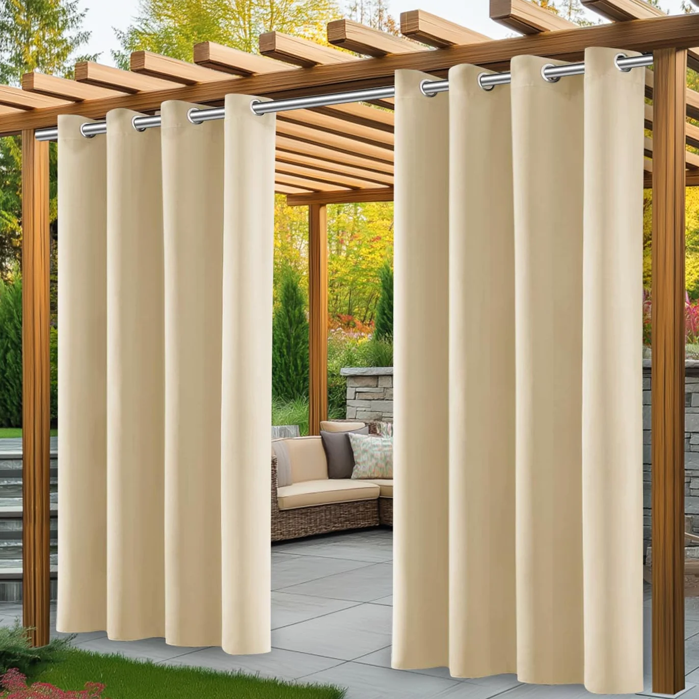 Tende da Esterno, 2 Pezzi Tende per Gazebo Antipioggia con Anelli, Tenda per Esterno Impermeabili, Tenda Oscurante da Esterno per Terrazzo Porta Balcone Veranda Giardino Pergola(132*215cm,Beige)