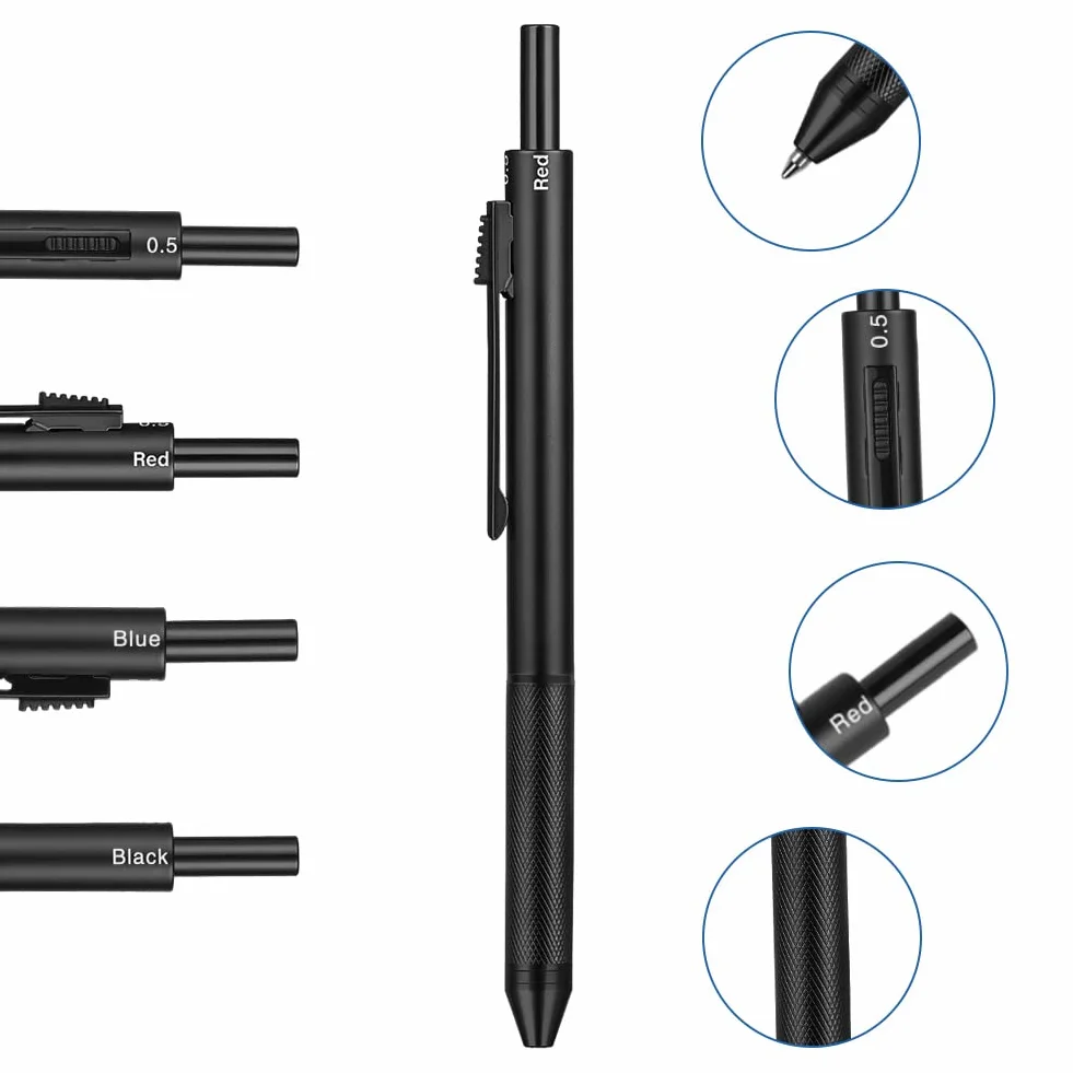 AUAUY 4 in 1 Matita Portamine & Penna a Sfera, Metallo Matite Meccaniche 0.5mm Set, Penne a Sfera Multicolore con Confezione Regalo