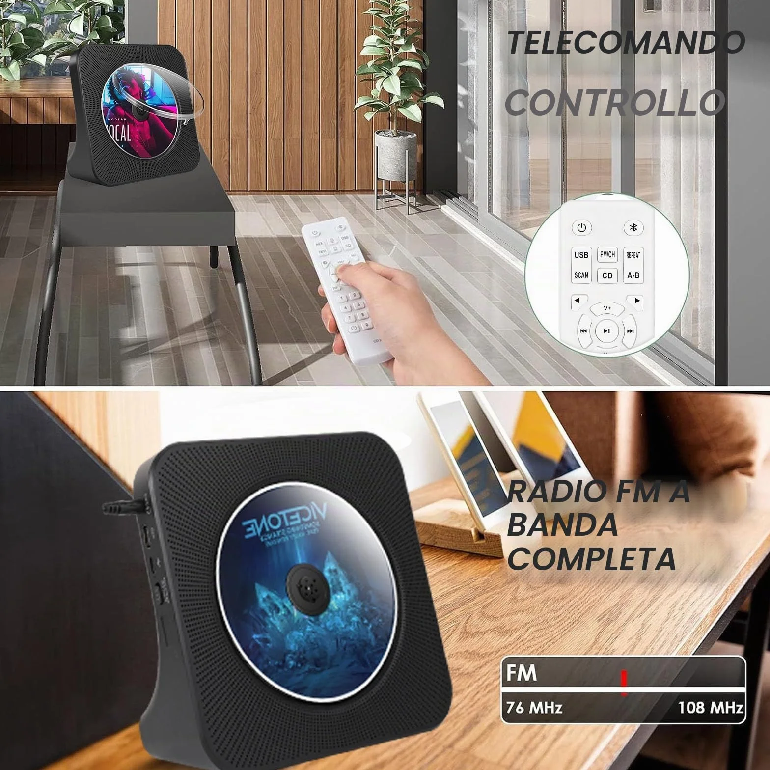 Lettore CD Bluetooth portatile con altoparlante stereo, radio FM, AUX/USB, cuffie