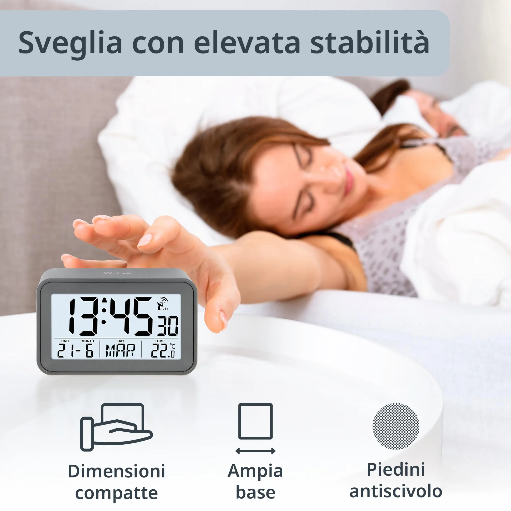 ADE Sveglia radio-controllata digitale con luce, temperatura e calendario, compatta