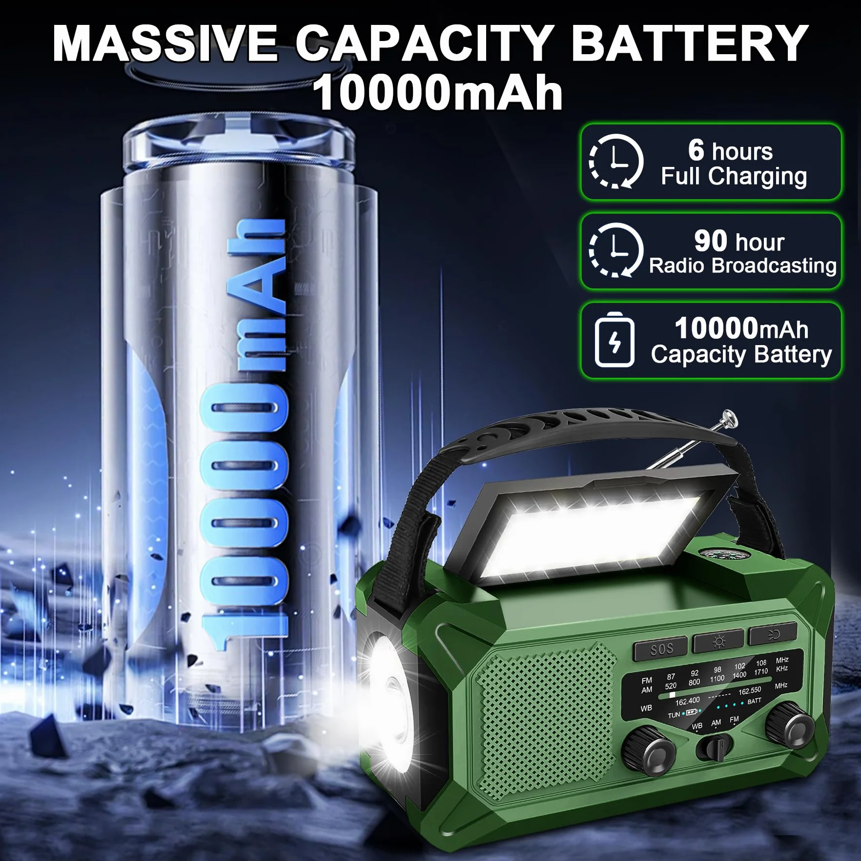 Radio meteorologica di emergenza 10000 mAh 37000 mWh NOAA/AM/FM solare a manovella con torcia, caricatore telefono, bussola, lampada da lettura