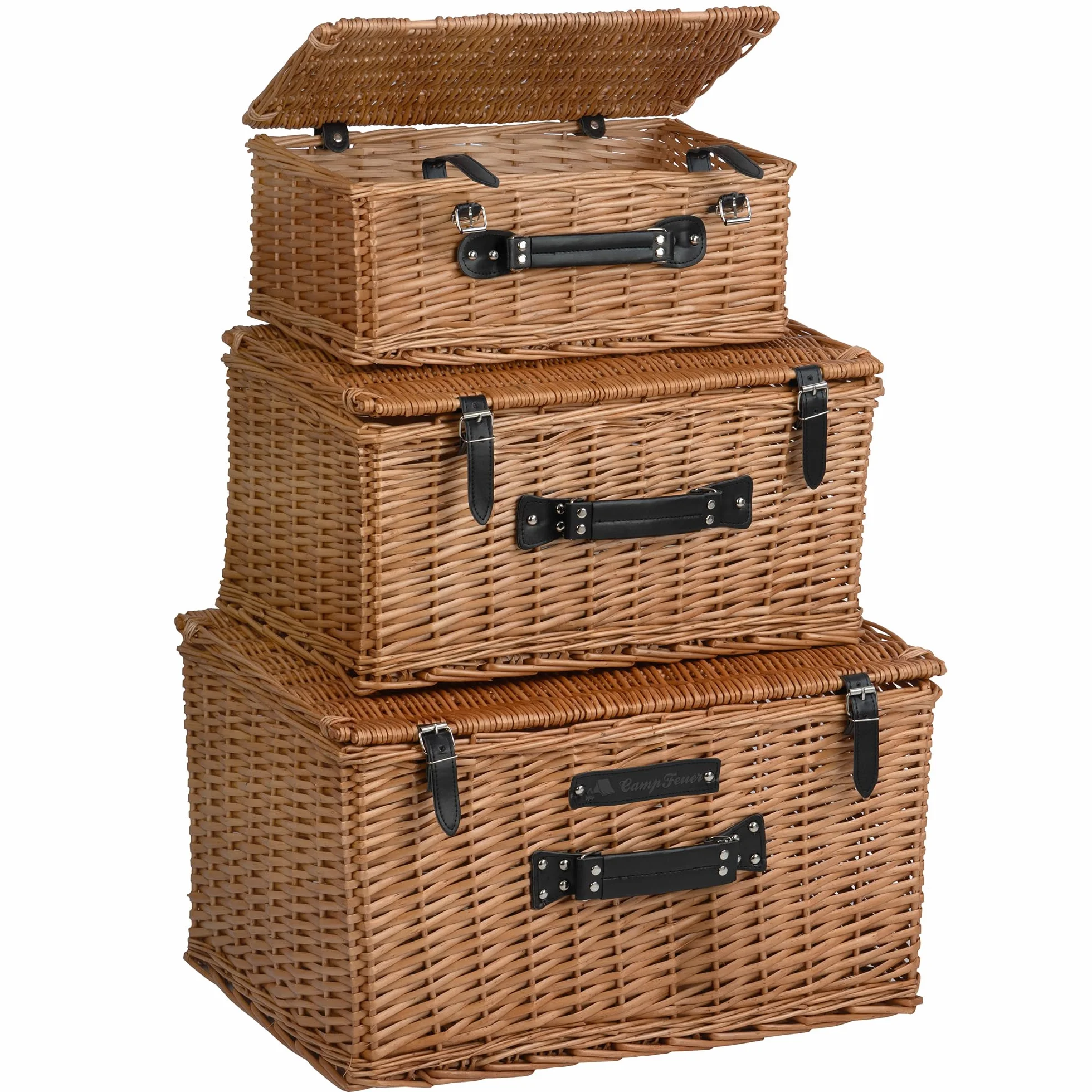 CampFeuer Set di 3 cestini in vimini con cinturino in similpelle, cestino da picnic intrecciato, cestino in vimini con coperchio, cestino da picnic | valigetta decorativa, cestino regalo, cestino da