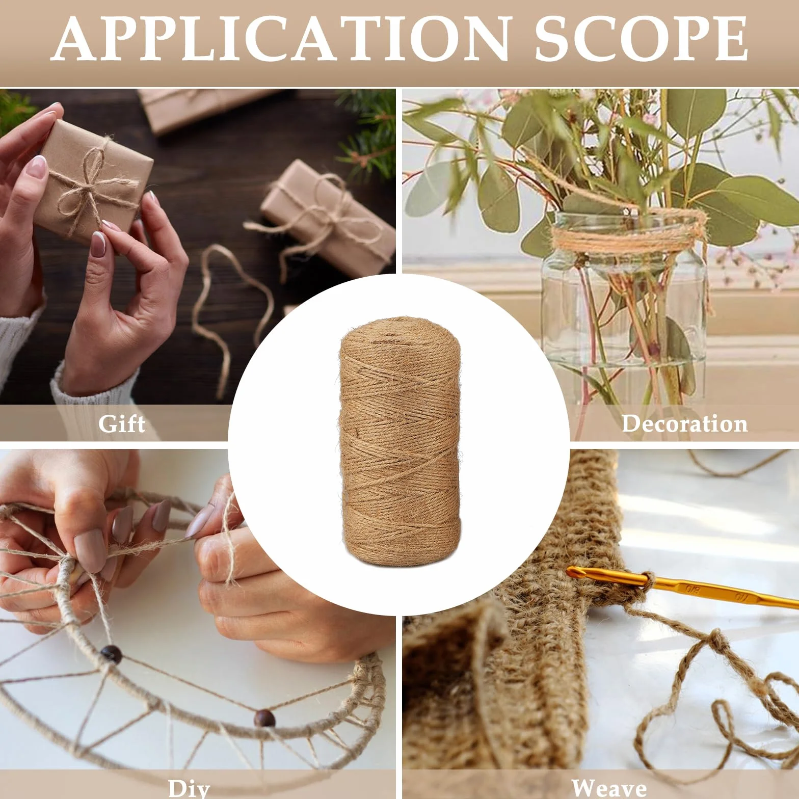 300m×3mm Spago corda di iuta, spago per decorazioni, realizzata in fibra naturale, la sua resistenza allo strappo la rende ideale per la decorazione del giardino e l'imballaggio decorativo