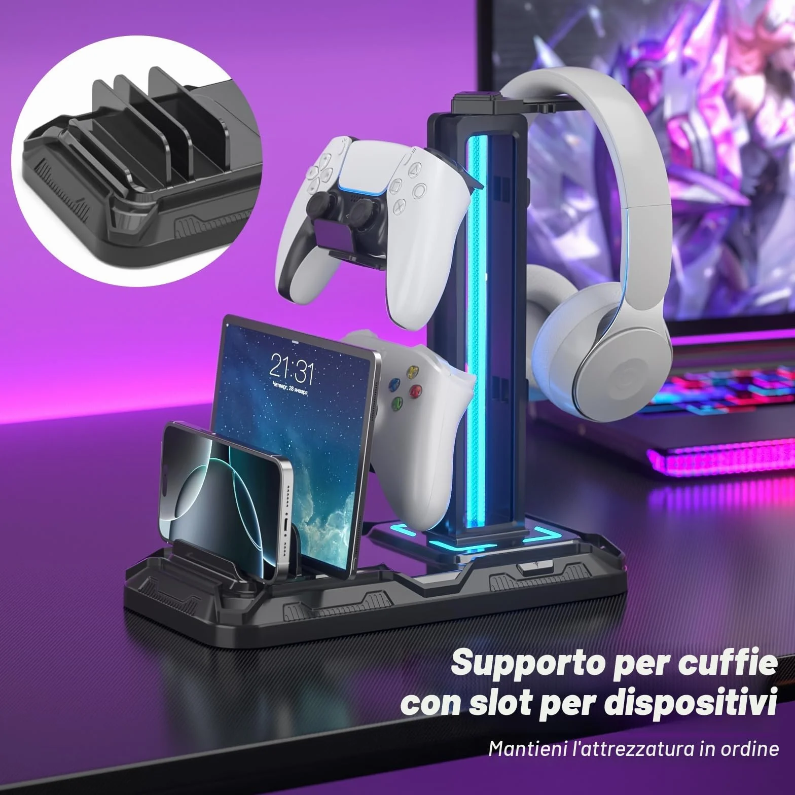 KDD Porta Cuffie da Scrivania con Supporto Telefono, Stand Cuffie Gaming Nero, Porta Controller Staccabile 9 Modalità Illuminazione, USB