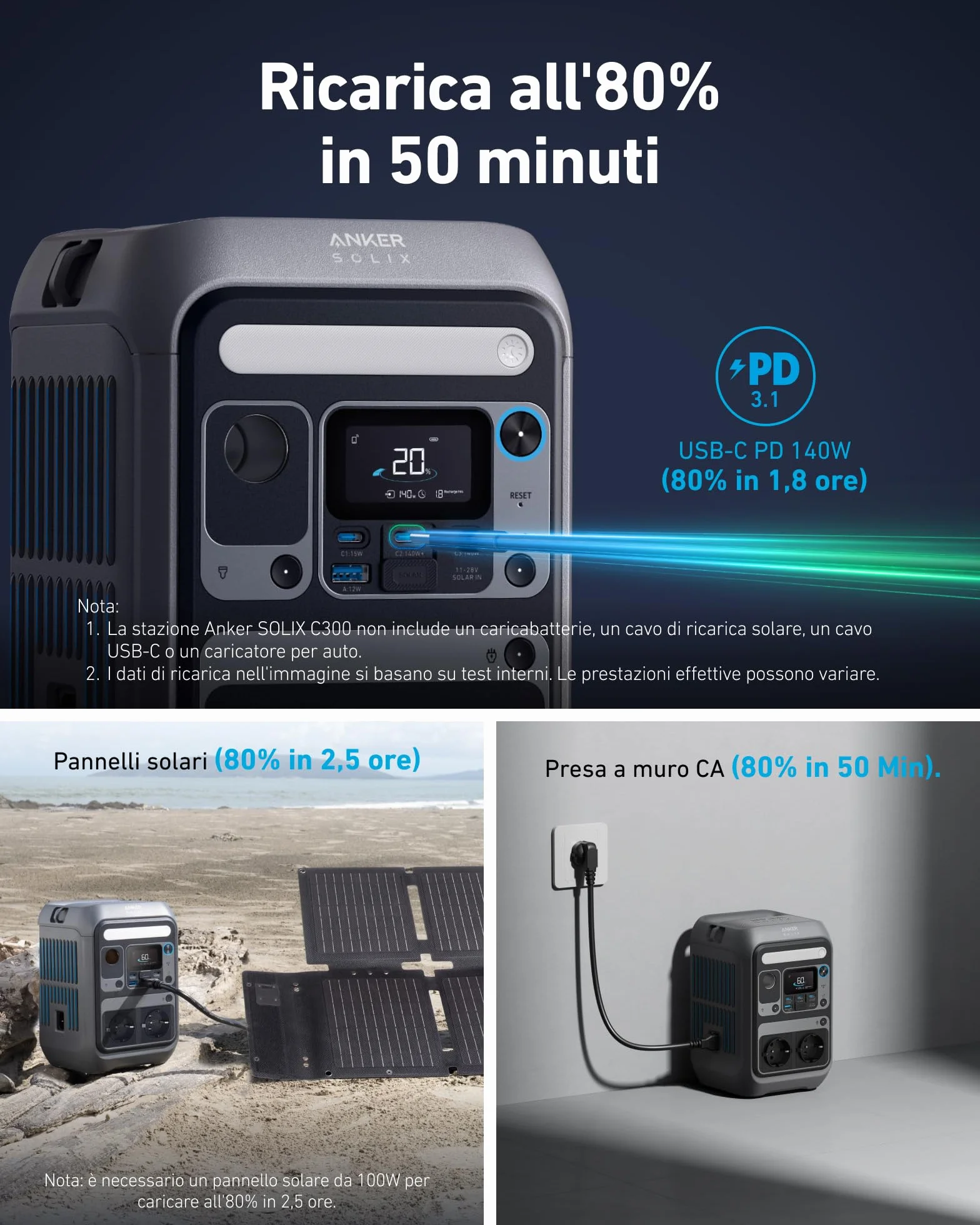 Anker SOLIX C300 centrale elettrica portatile, batteria LiFePO4 da 288Wh, generatore solare da 300W (picco 600W), ricarica bilaterale da 140W, campeggio, viaggi, emergenze (pannello solare opzionale)