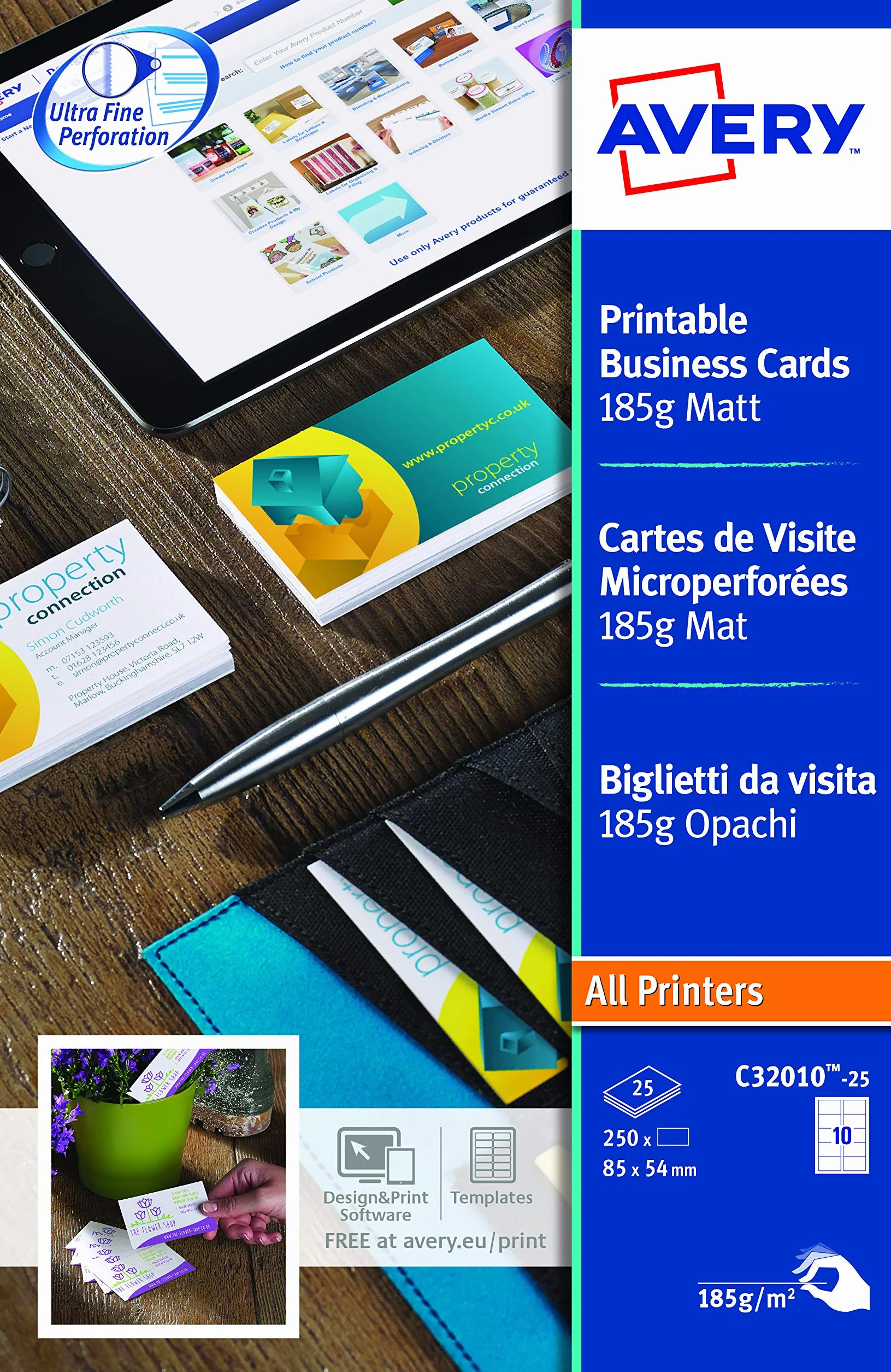 Avery C32010-25 Biglietti da visita microperforati 185 g/m² 85 x 54 mm 250 pz