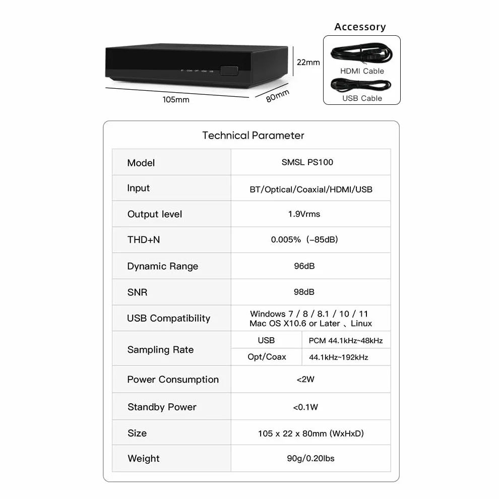 SMSL PS100 DAC Convertitore Audio Digitale Analogico 192kHz USB Bluetooth HDMI ARC Ottica Coassiale
