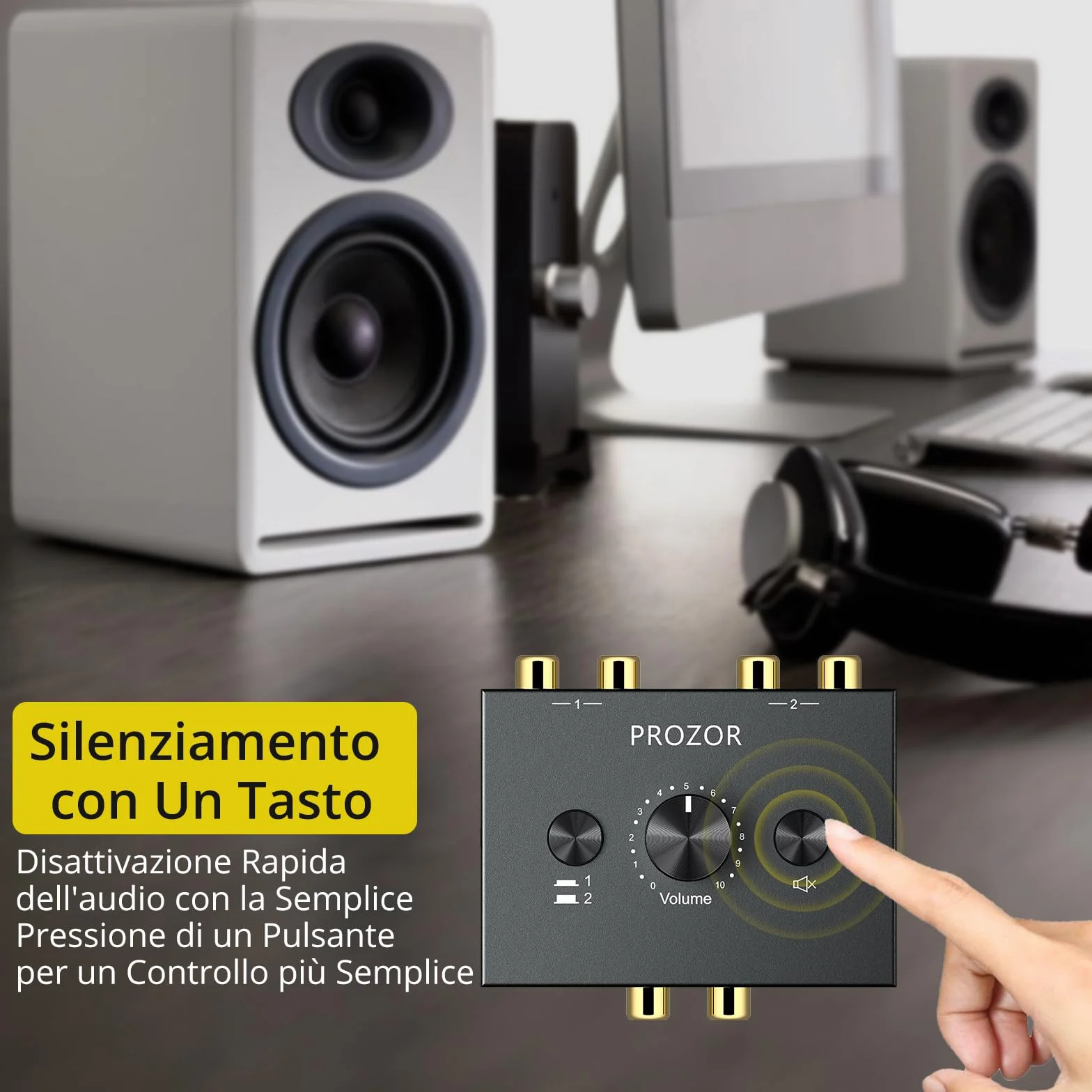 PROZOR Stereo Audio Switch 1 in 2 out / 2 in 1 out Bidirezionale con 1.5m Cavo RCA Tasto Muto