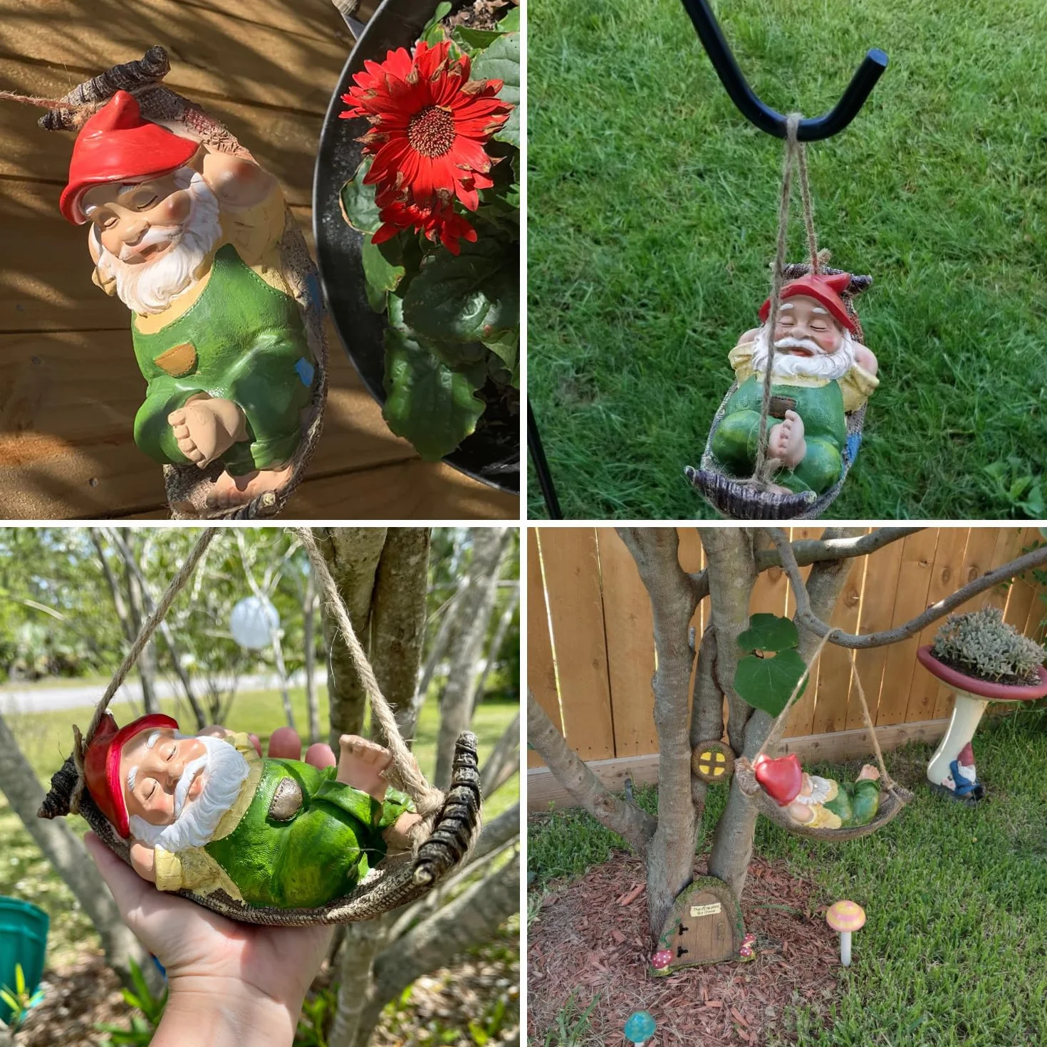 TERESA'S COLLECTIONS Simpatici gnomi da giardino decorazioni per statue da appendere al cortile, regali all'aperto, gnomo assonnato in altalena a foglia amaca ornamenti per albero in resina figurine