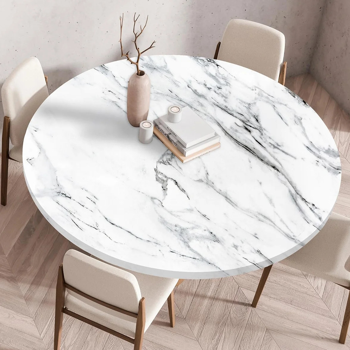 Highdi Tovaglia Rotonda Antimacchia 120 cm Impermeabile Copritavolo Elastico Marmo Esterno