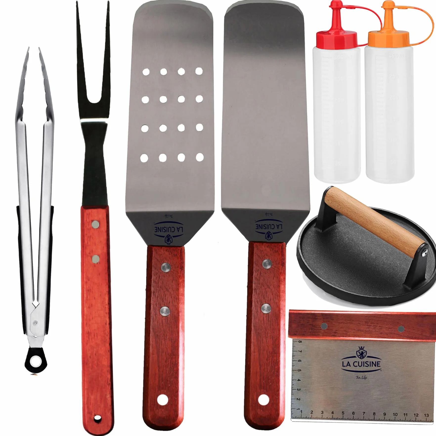La Cuisine - Kit di 8 accessori per barbecue con coperchio piatto, spatole solide e perforate, forchetta, pinza, pressa per carne in ghisa, bottiglie per condimenti, per grigliare hibachi e teppanyaki
