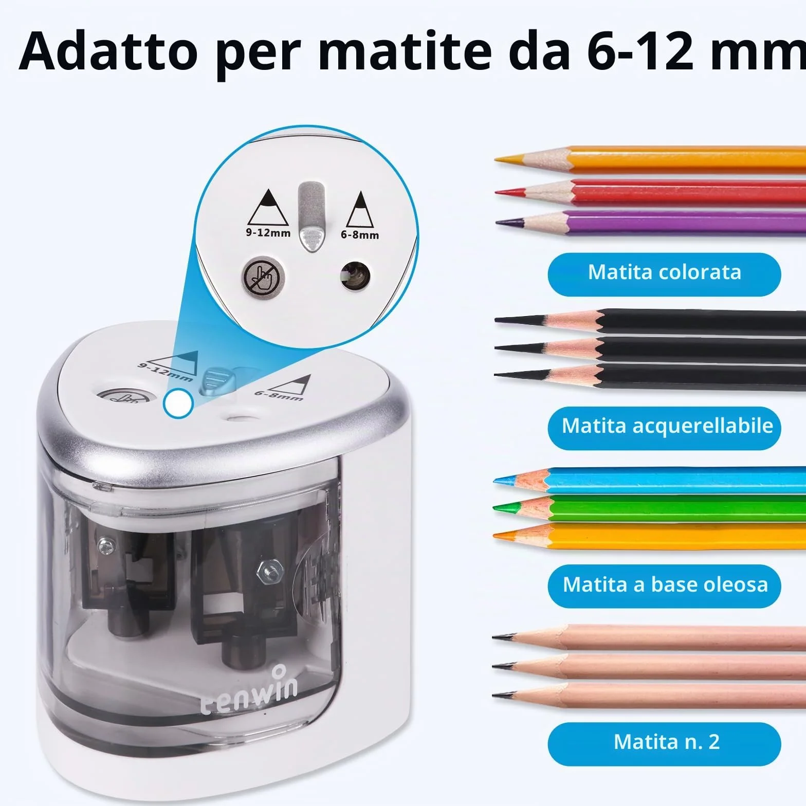 Tenwin temperamatite elettrico a batteria doppio foro per matite 6-12 mm No.2, lama durevole, argento