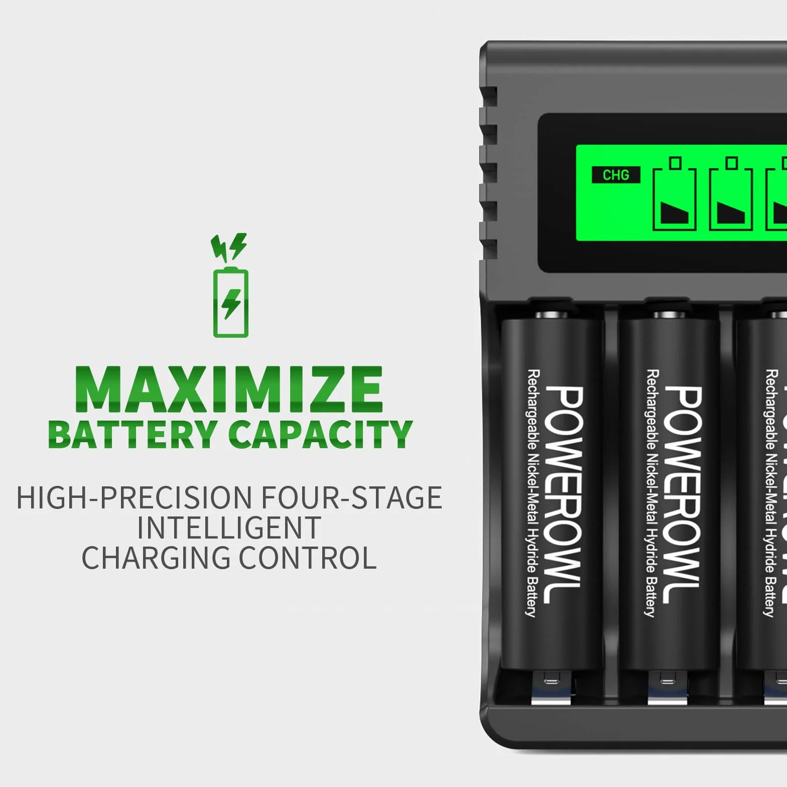 POWEROWL Caricabatterie Indipendente per AA AAA Ricaricabili Ni-MH USB Ricarica Rapida 4 Slot