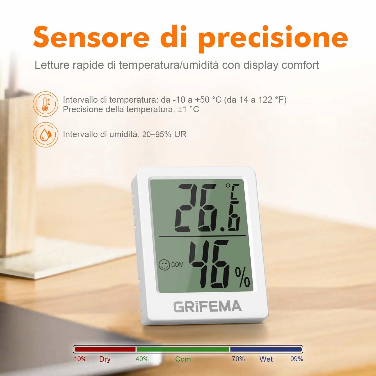 GRIFEMA GA2902 Mini Termometro Digitale Interno Igrometro, Misuratore di Umidità, Bianco
