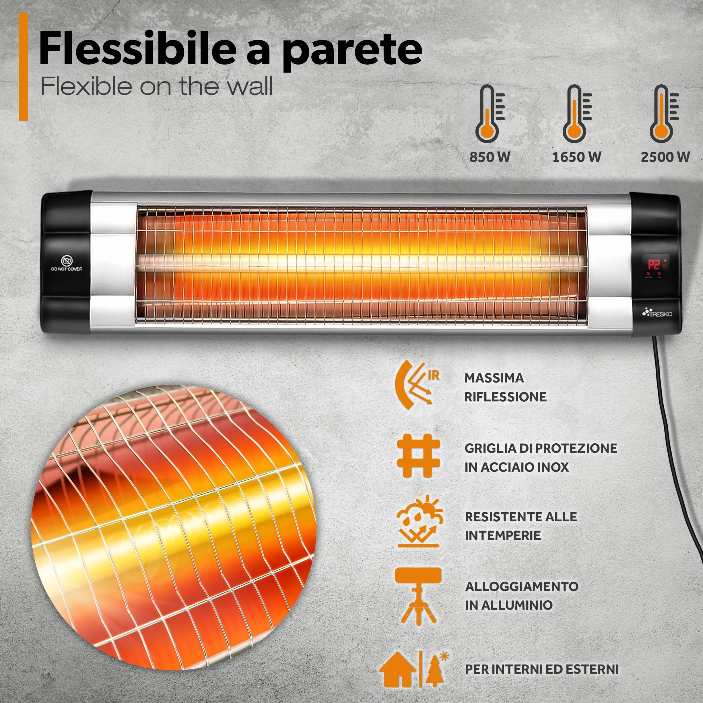 TRESKO Riscaldatore ad Infrarossi 2500W con Telecomando 3 Livelli Calore Stufa Elettrica Esterno Altezza Regolabile
