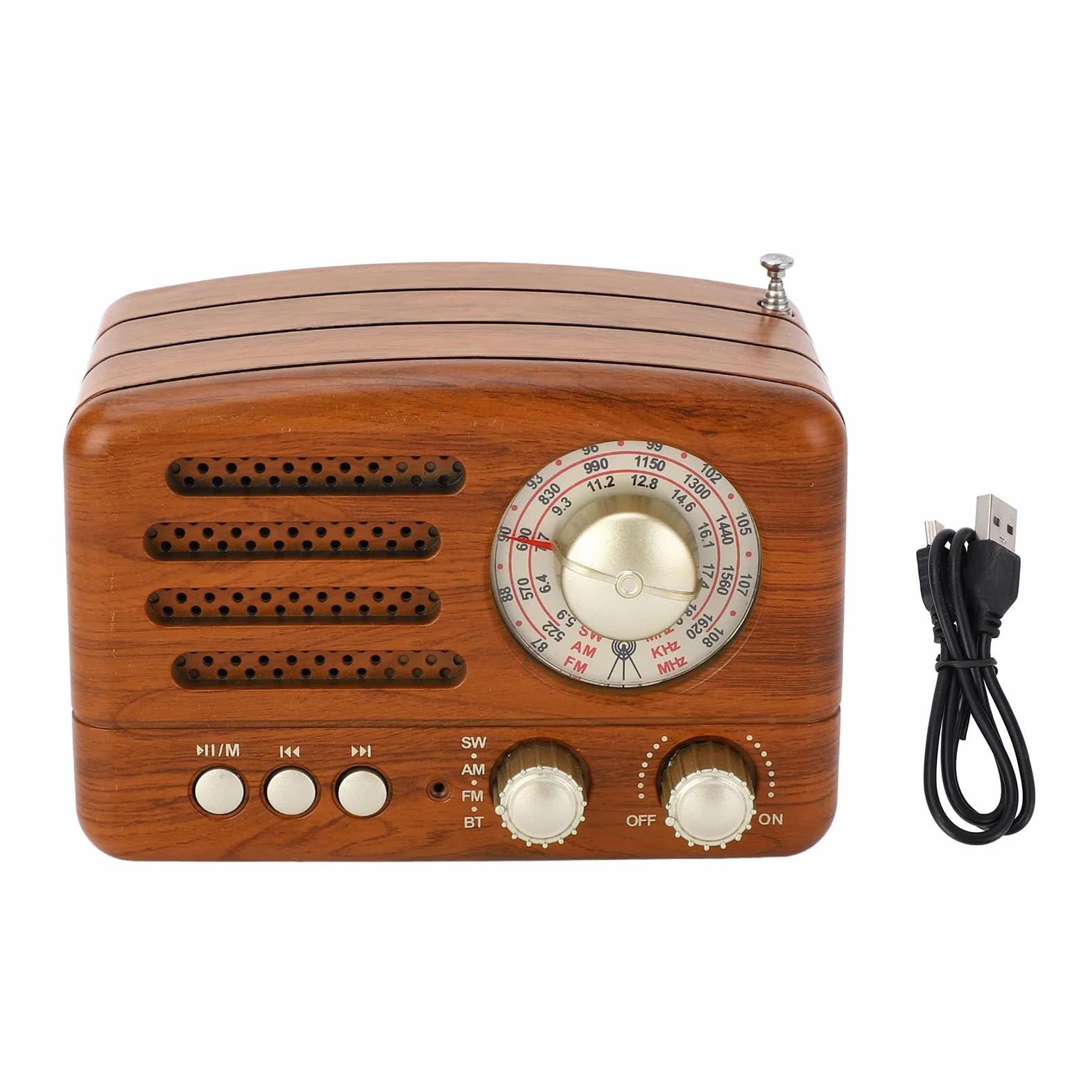 Radio AM FM vintage Altoparlante retrò portatile USB con antenna regolabile, batteria 1800mAh, legno