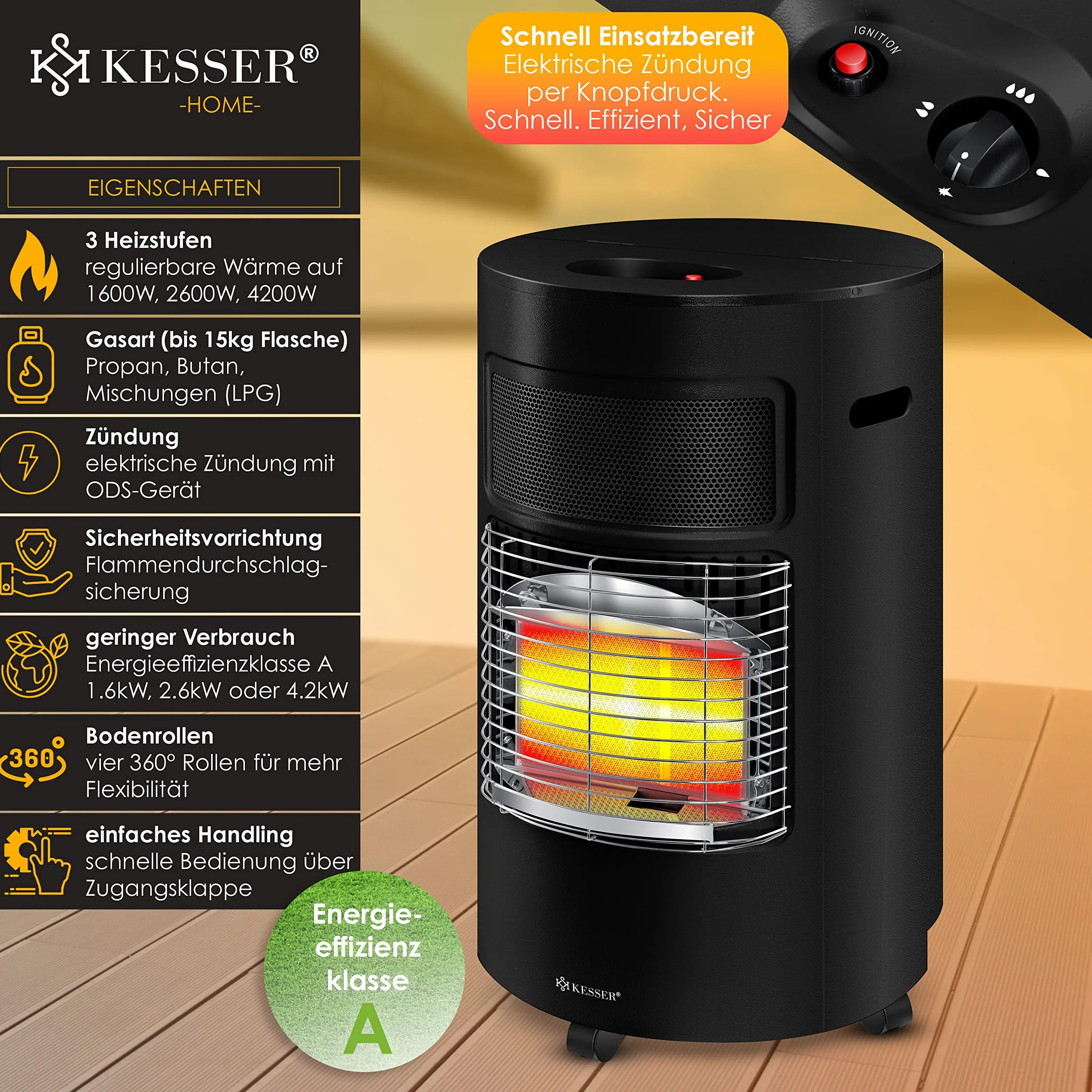 KESSER® Riscaldatore a gas 4200 Watt stufa a infrarossi in ceramica per bombole butano propano