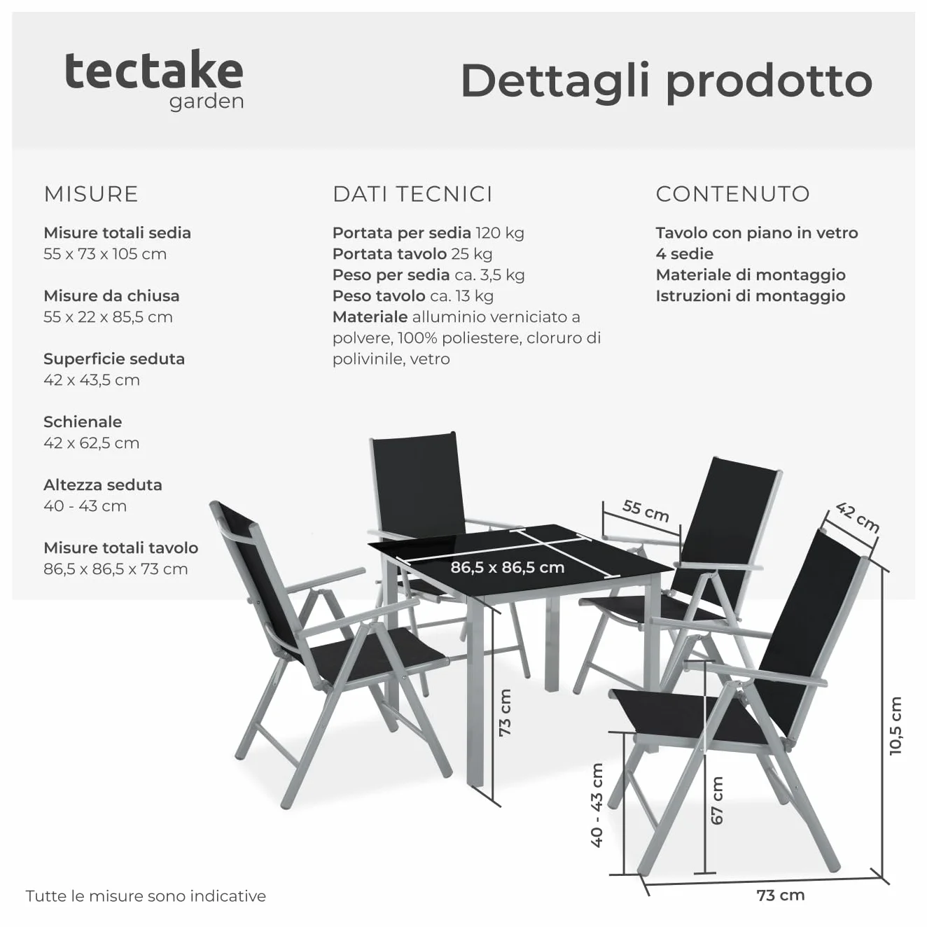 tectake® Set Tavolo da Esterno con Sedie, Telaio Alluminio, 1 Tavolo da Giardino Piano in Vetro, 4 Sedie Pieghevoli, Schienale Reclinabile 8 Posizioni, Set Resistente alle Intemperie - Grigio/Argento
