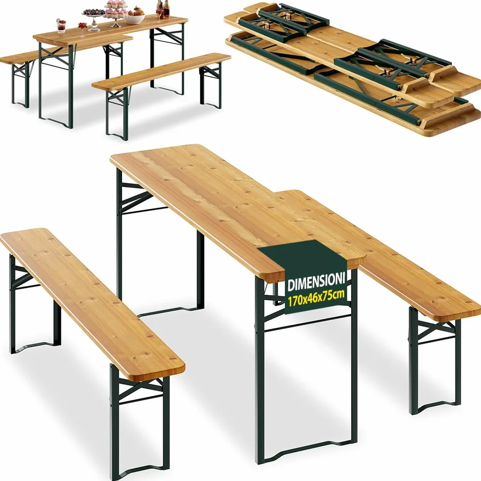 BAKAJI Set 3 Pezzi Birreria con Tavolo Pieghevole e Panche da Esterno, Struttura in Acciaio Comoda, Seduta Ergonomica e Resistente, Ideale per Giardino, Bar, Campeggio, Sagra (170 cm)