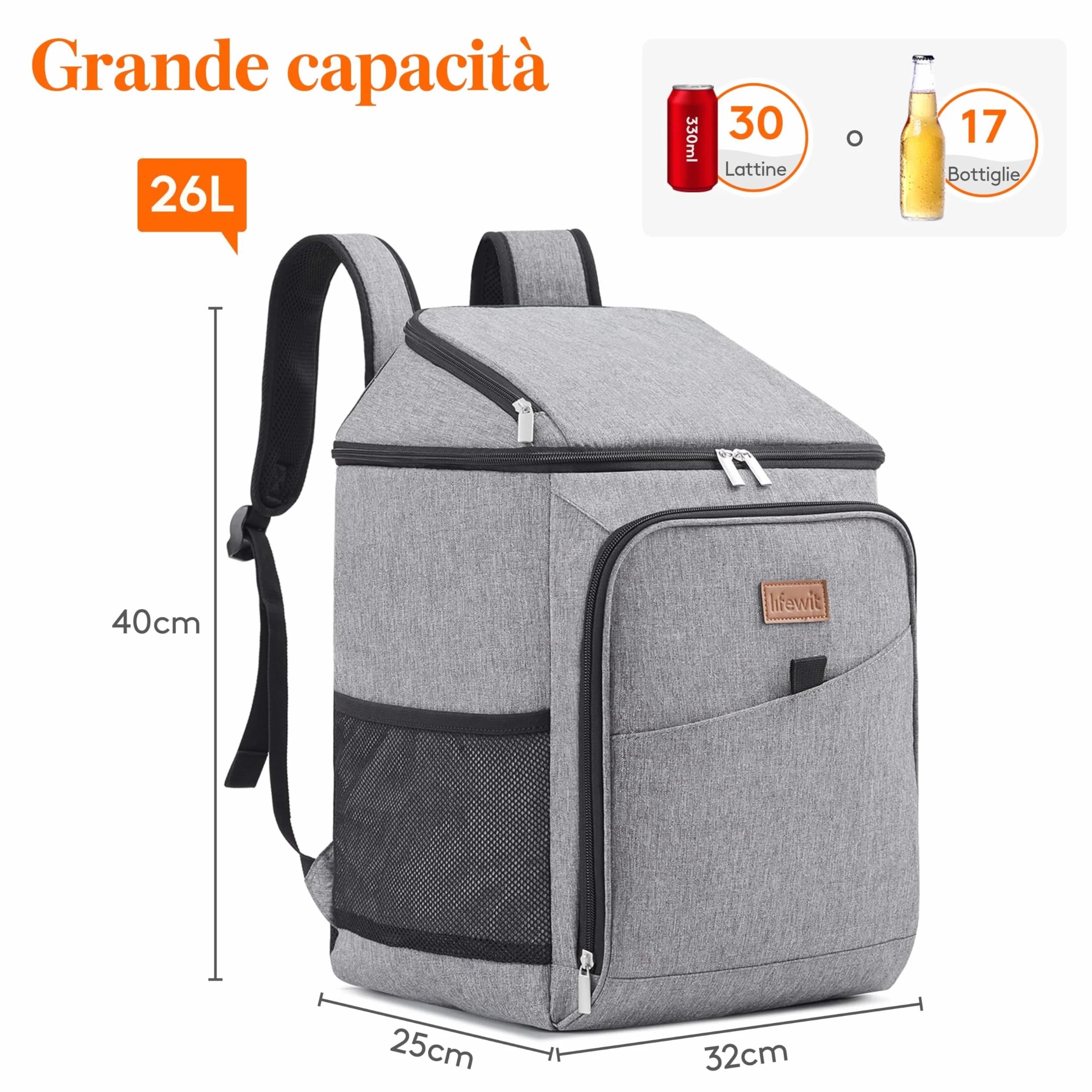Lifewit Zaino Frigo Termico 26L Grande Borsa Frigo Portatile Grigio