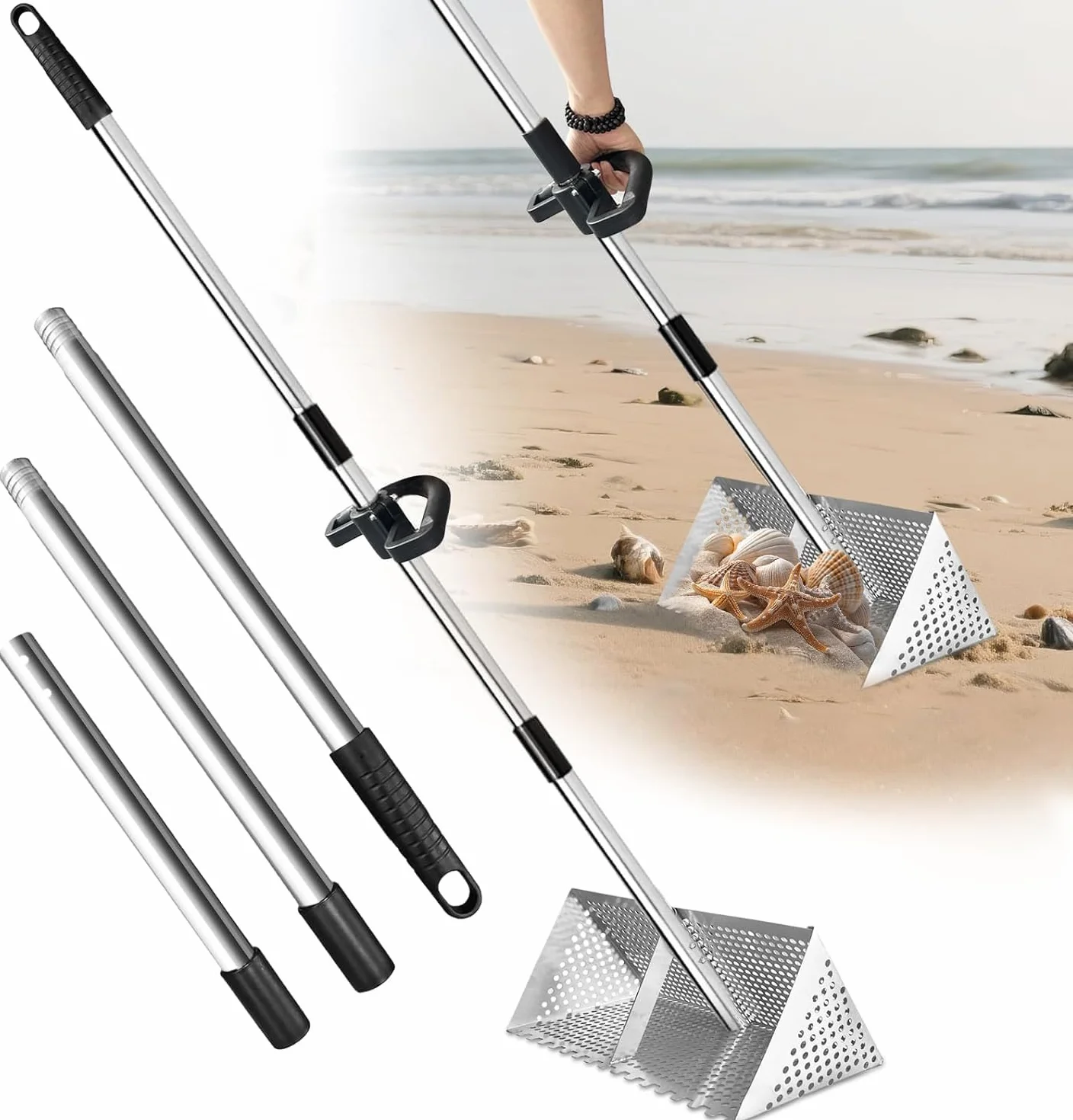 Rastrello per pulci di sabbia in acciaio inossidabile, Setaccio per sabbia con manico staccabile lungo 140 cm, con manico antiscivolo, per la spiaggia