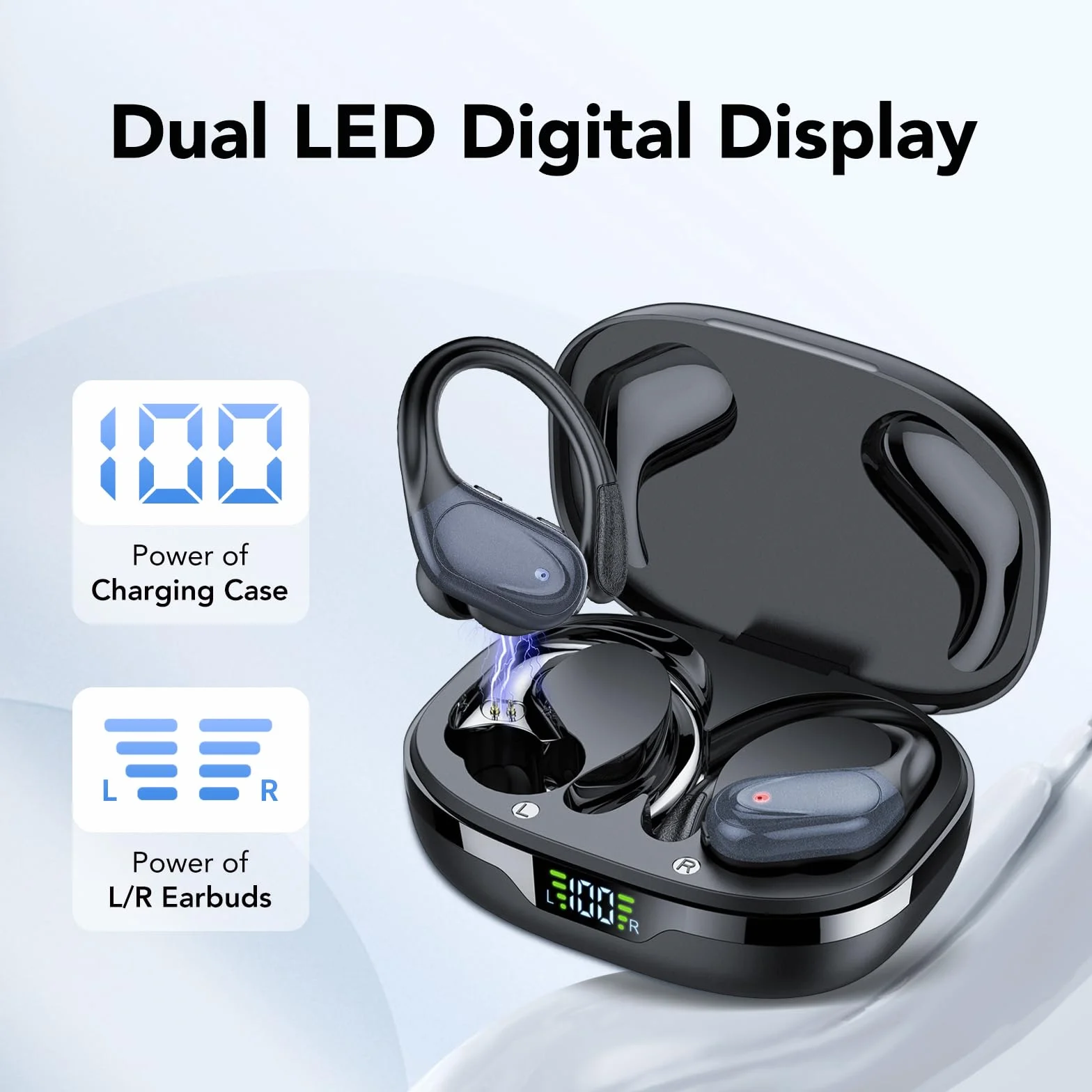 Cuffie Bluetooth Sport 5.3 Gancio Orecchio 60H LED Ricarica ENC IPX7 Impermeabile Nero