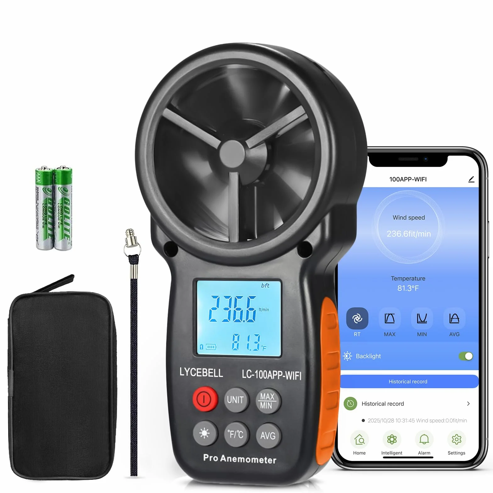 ‌LYCEBELL Anemometro Professionale con Controllo WiFi & Registrazione Dati – Misuratore Sans Filo di Velocità del Vento e Temperatura per HVAC, Droni, Vela, Surf, con MAX/MIN/MED, Compatible Zigbee‌