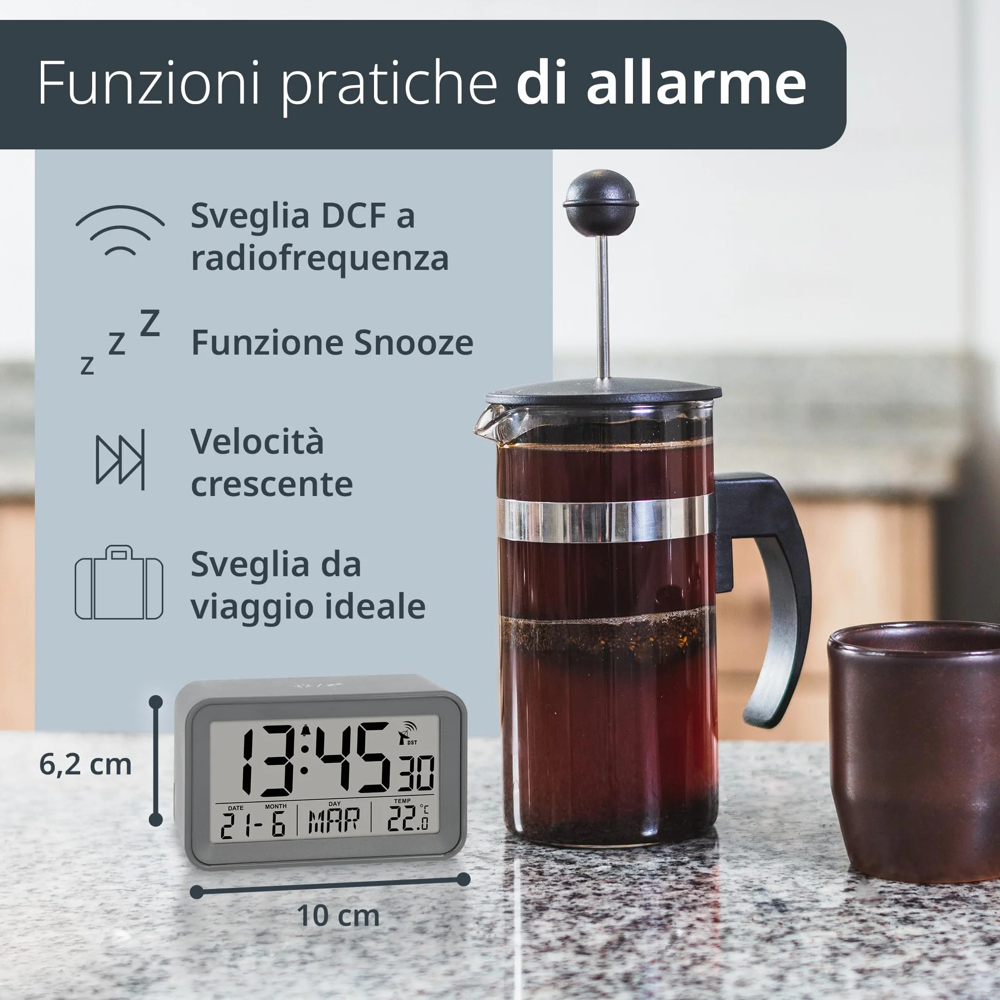 ADE Sveglia radio-controllata digitale con luce, temperatura e calendario, compatta