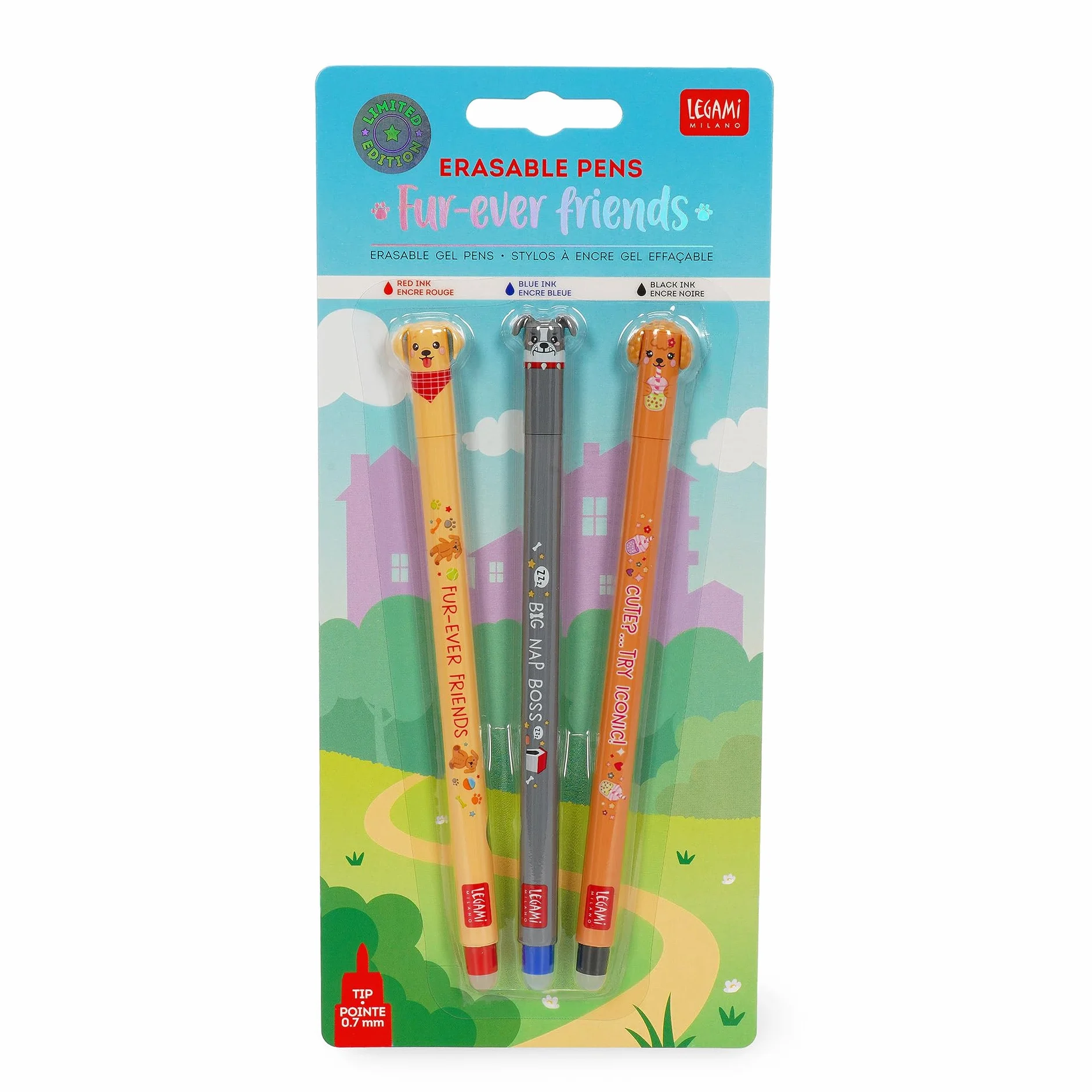 Legami Set di 3 Penne Gel Cancellabili Fur-ever Friends, Inchiostro Termosensibile, Nero, Blu, Rosso, Punta 0,7 mm