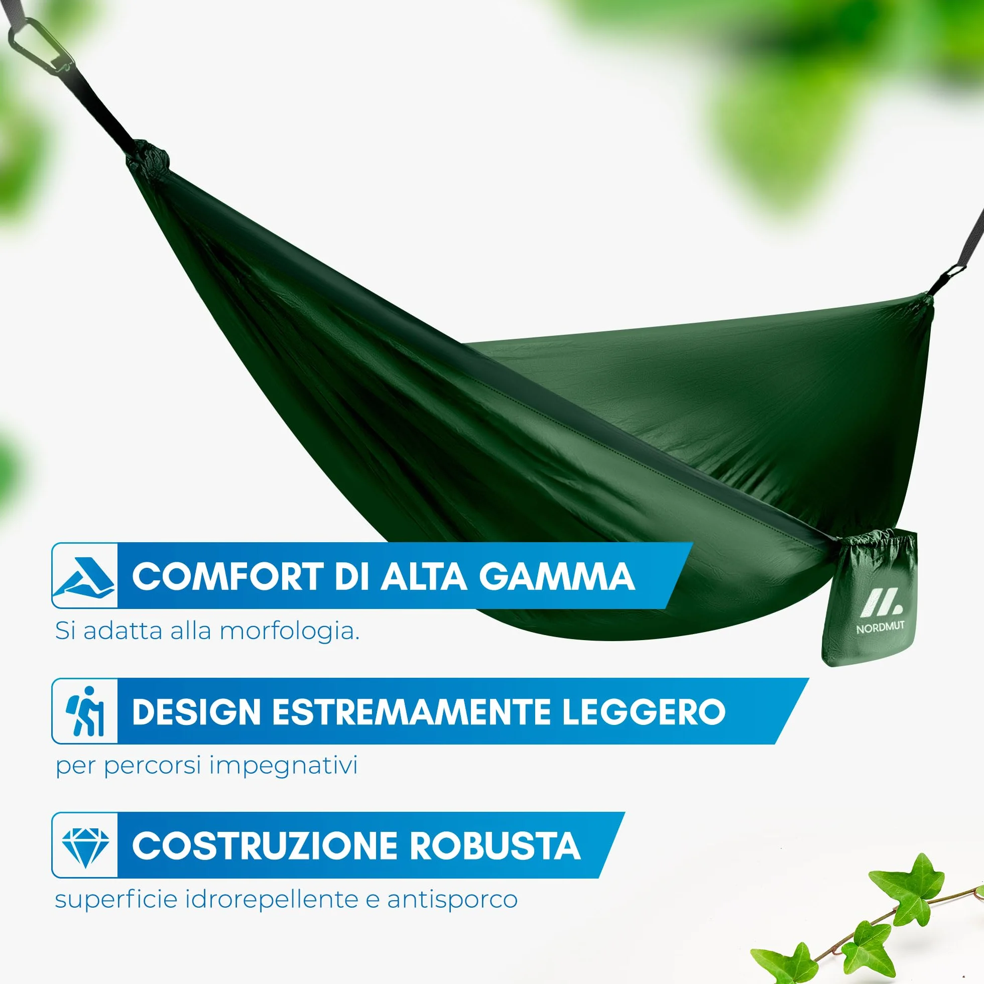 NORDMUT Amaca Ultralight Outdoor Set di Fissaggio – Amaca da Campeggio con Protezione Alberi – Portata 300 kg Verde 140x275 cm
