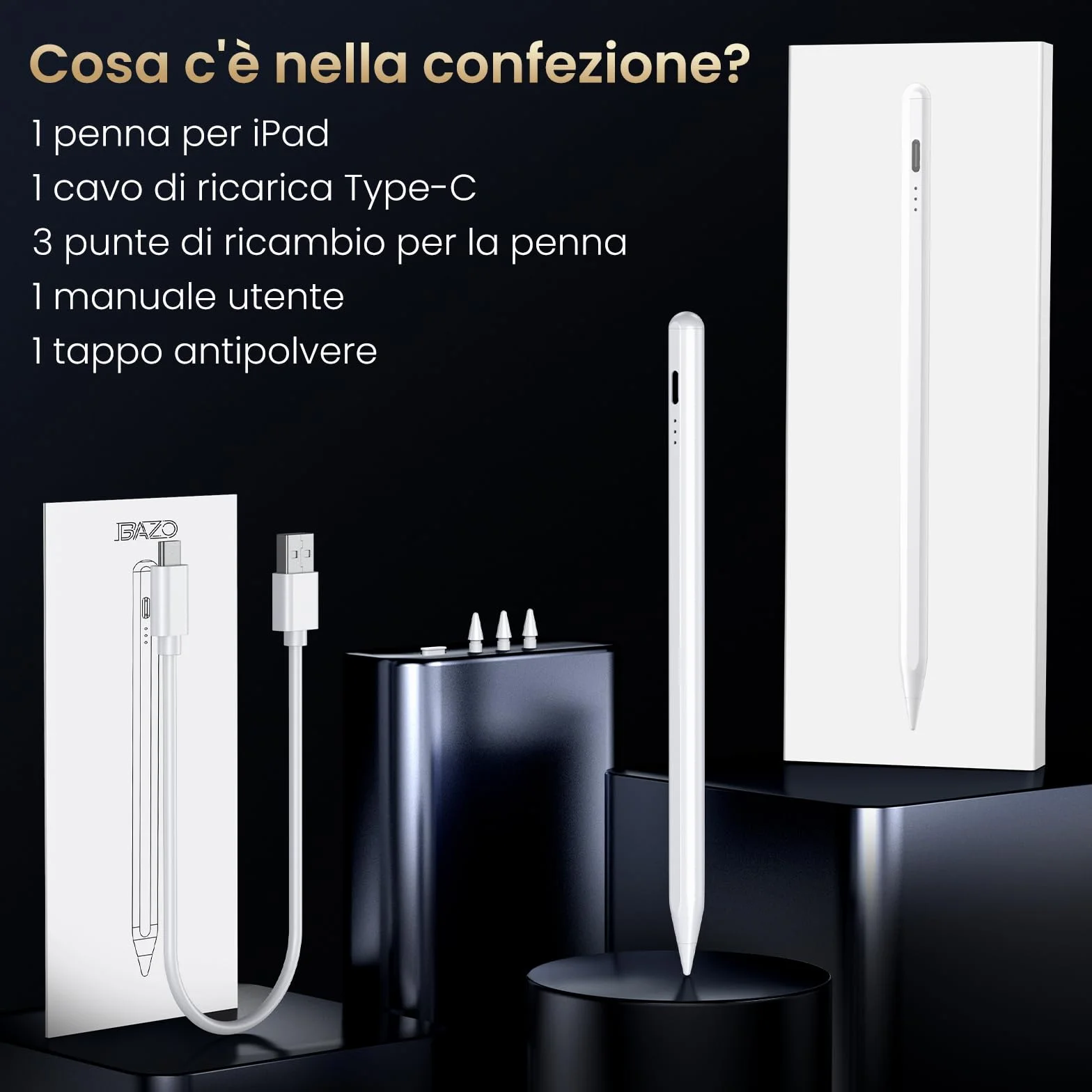 BAZO Penna iPad 2018-2025, Palm Rejection, Ricarica Rapida, Sensibilità Inclinazione per iPad 11 A16/10/9/8/7/6, Pro 11/12.9, Air 5/4/3/M2/M3/M4/M5, Mini 5/6
