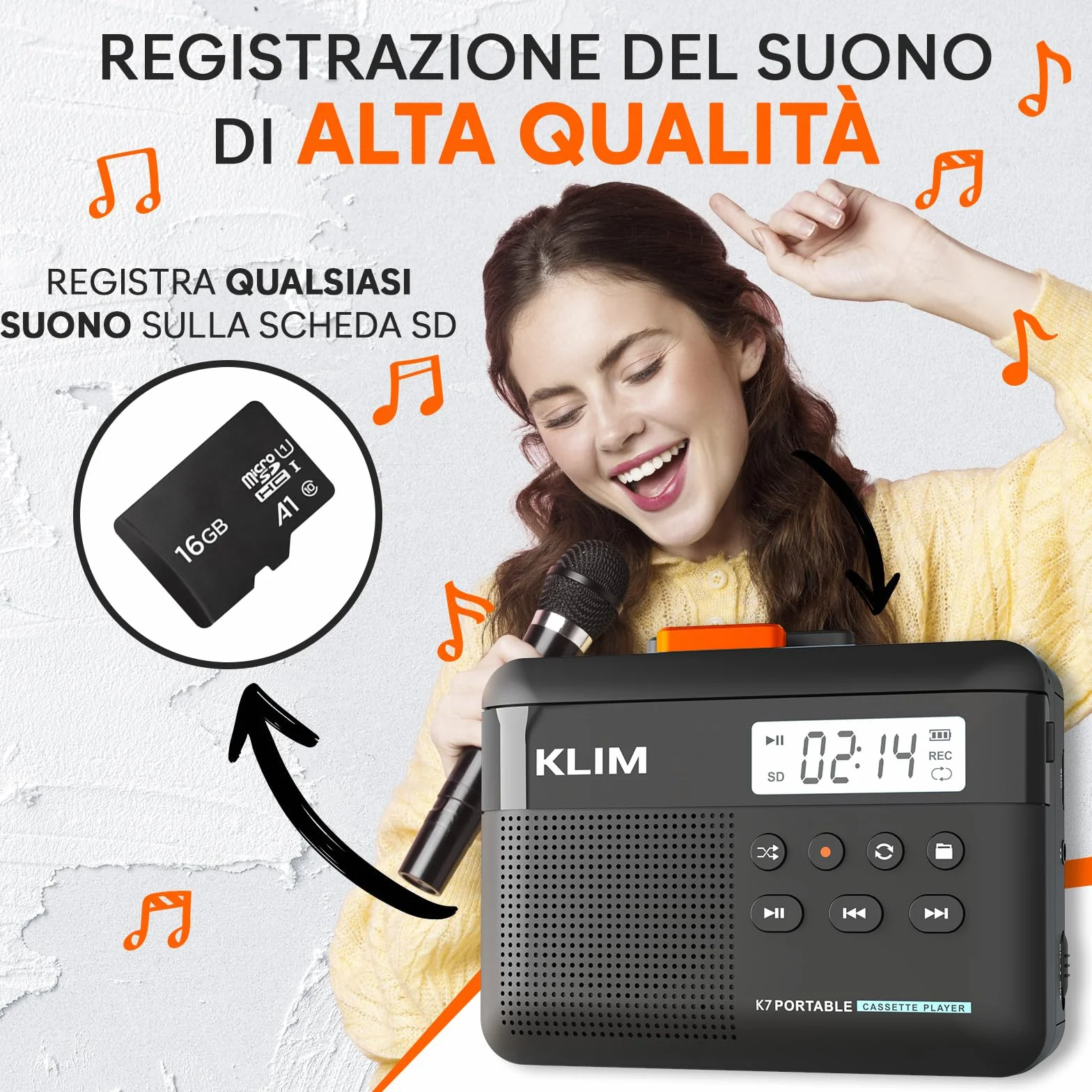 K7 Cassette Player MP3 Converter Portatile con Microfono e Altoparlante Incorporati Batteria Ricaricabile Auricolari Scheda SD 16 GB Nero Arancione