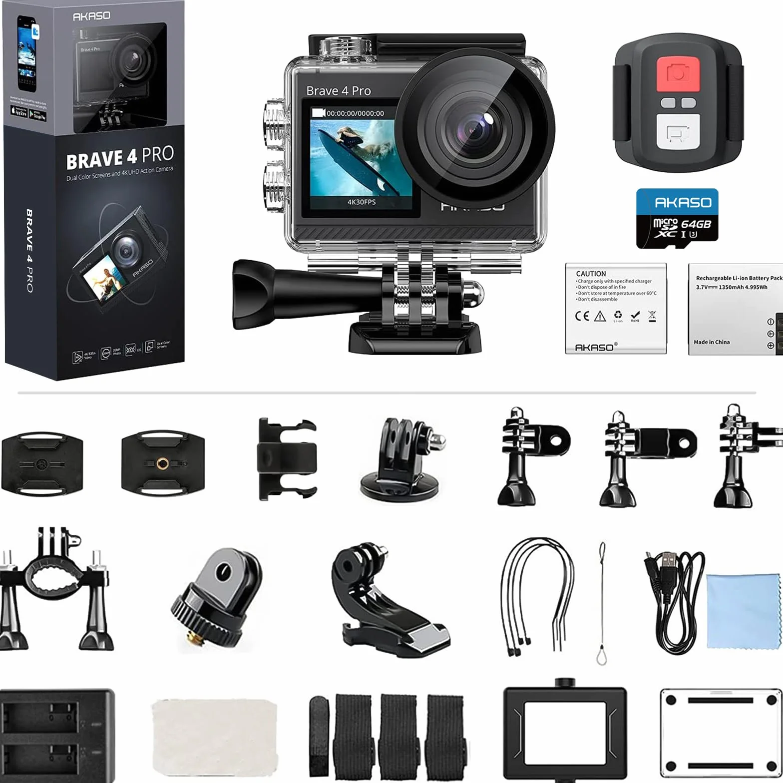 AKASO Brave 4 Pro Action Cam 4K 40M 64GB U3 Scheda di Memoria, Videocamera 20MP WiFi 170° Grandangolare Doppio Schermo EIS