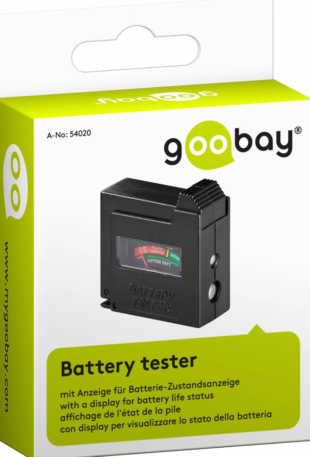 Goobay Tester per batterie indicatore di capacità AAA AA C D 9V N pile a bottone nero