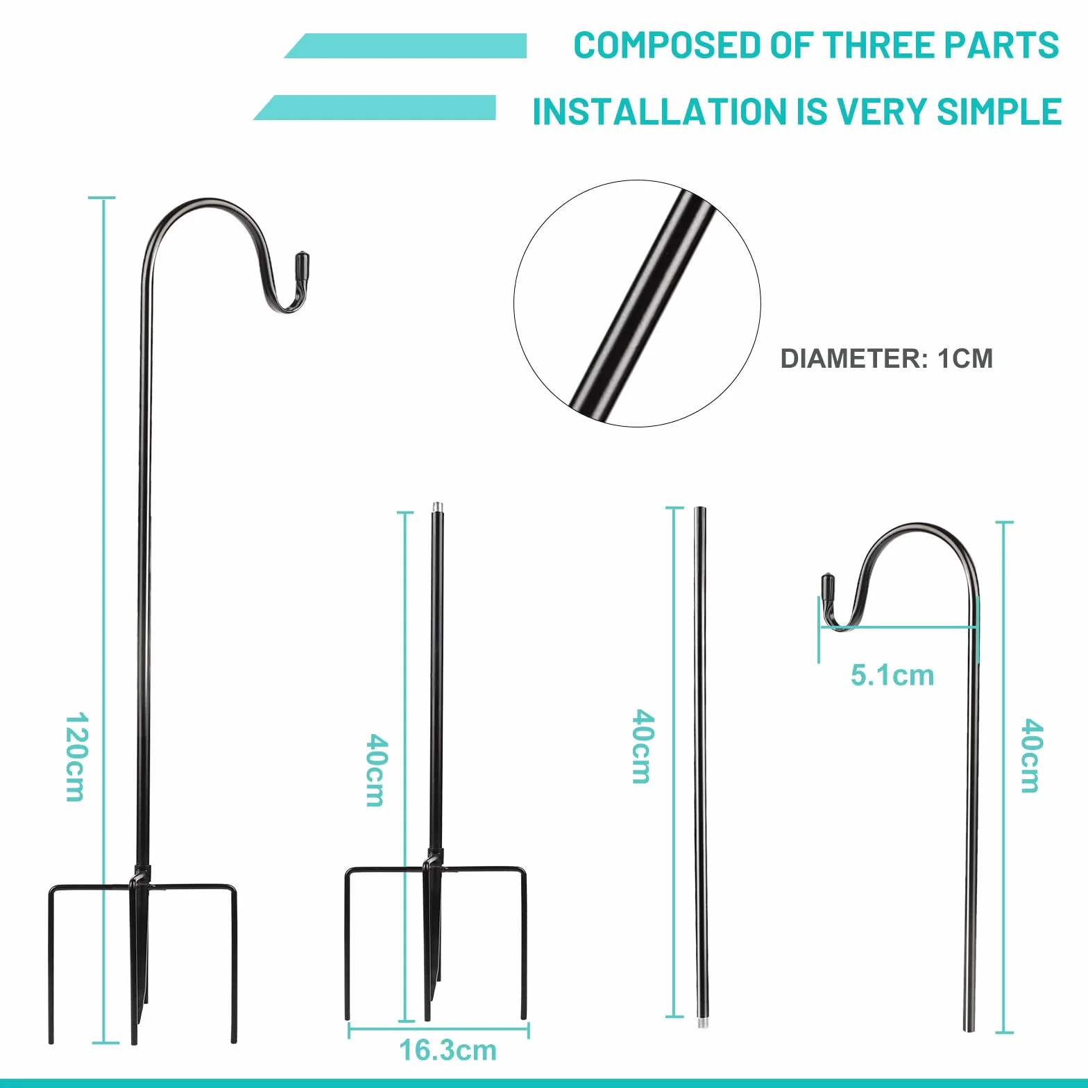 SWAWIS 2 ganci da pastore da giardino 120 cm metallo per esterni decorazione appendere