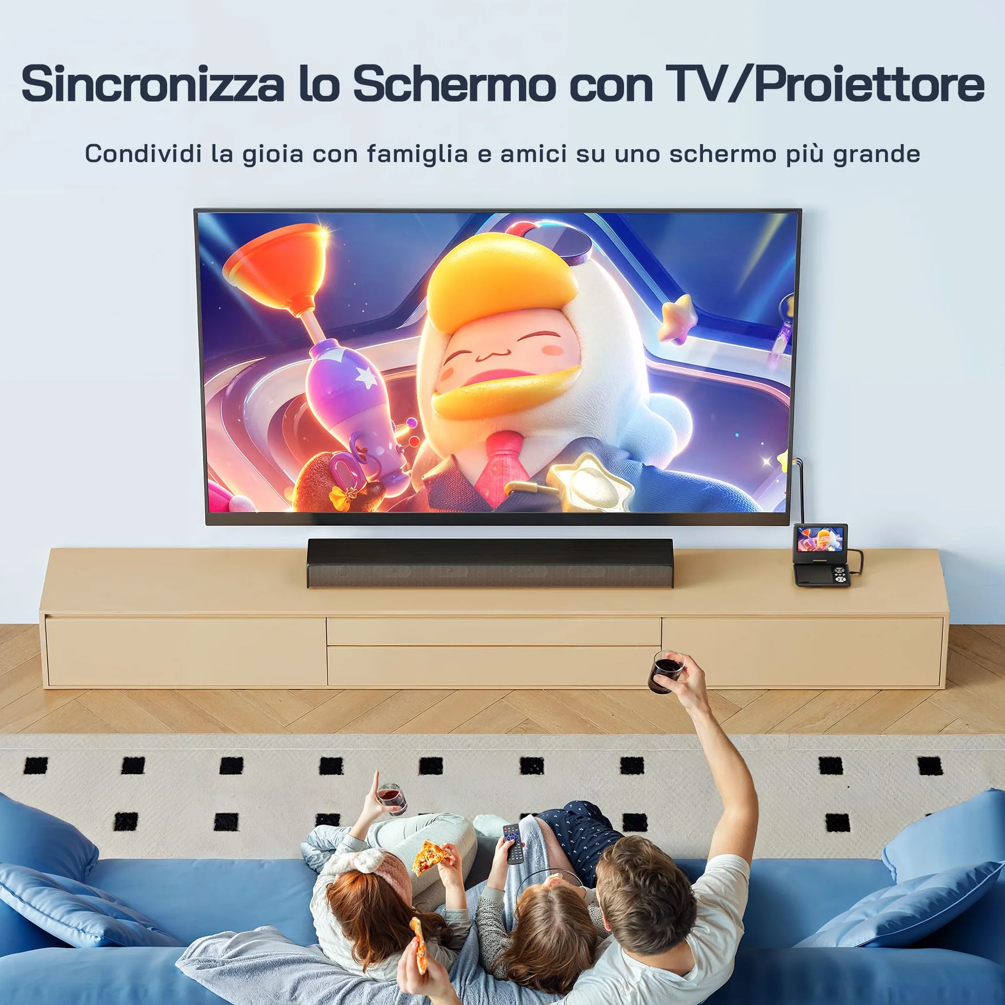 WOLFANG Lettore DVD portatile 9,5" schermo girevole HD 7,5" altoparlanti stereo batteria 6 ore Sync-TV USB SD