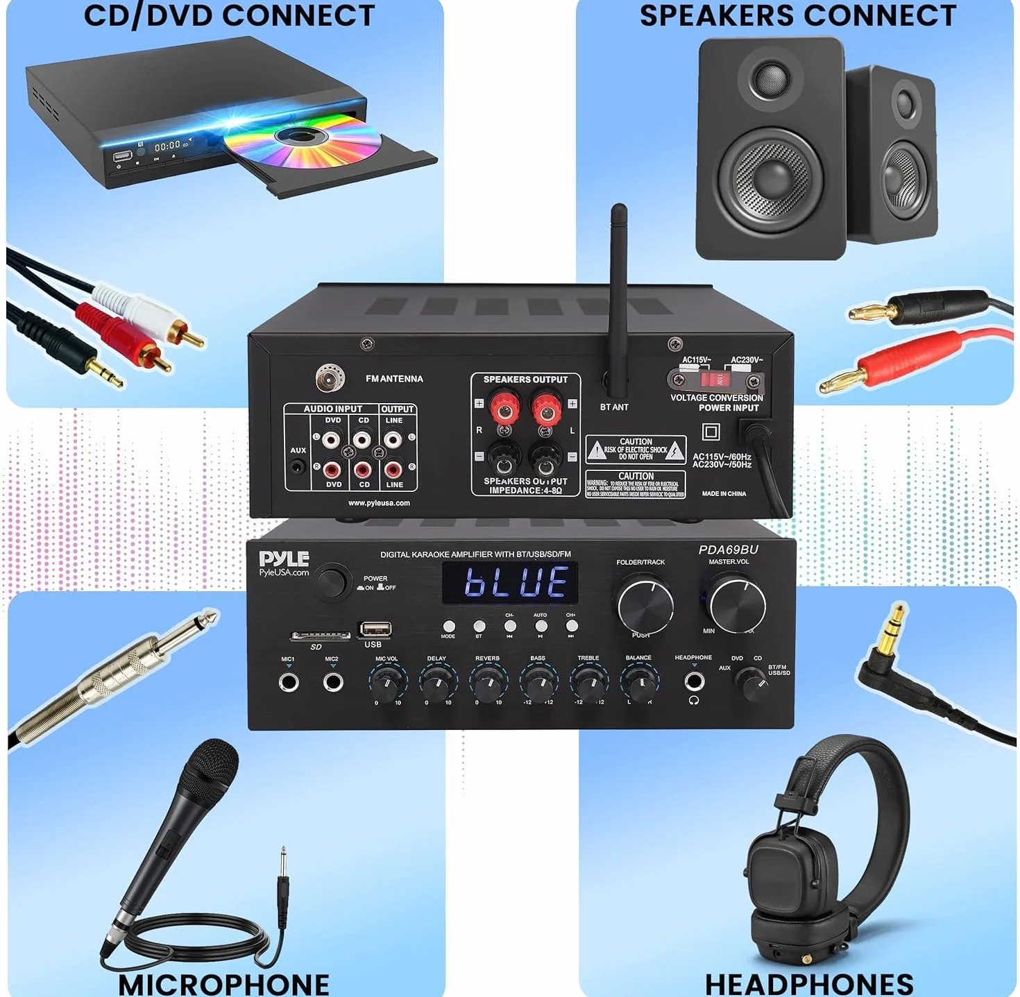 Pyle Amplificatore Audio Stereo Bluetooth 300 Watt Doppio Canale MP3 USB SD AUX RCA MIC Cuffie FM LED per Home Theater Studio